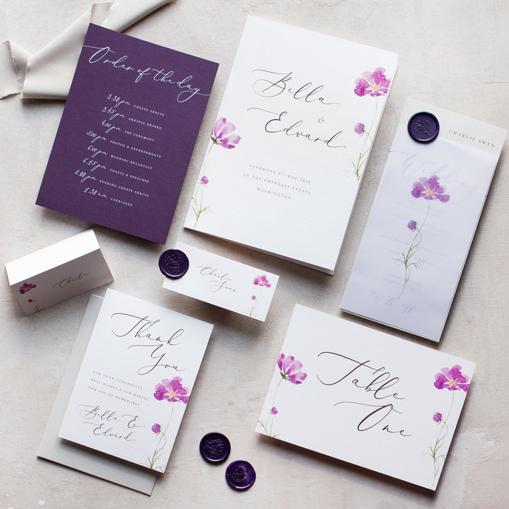 Amethyst Eclipse On the Day Watercolour Wedding Stationery with Hand Painted Purple Flowers - www.pinglepie.com.jpg