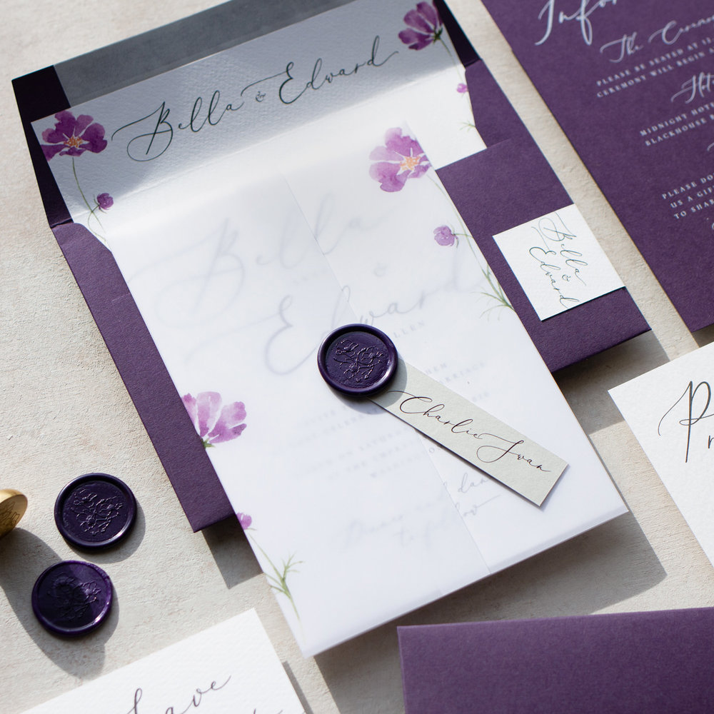 Amethyst Eclipse Purple Wedding Invitation with Vellum Wrap and Wax Seal Details  - www.pinglepie.com.jpg