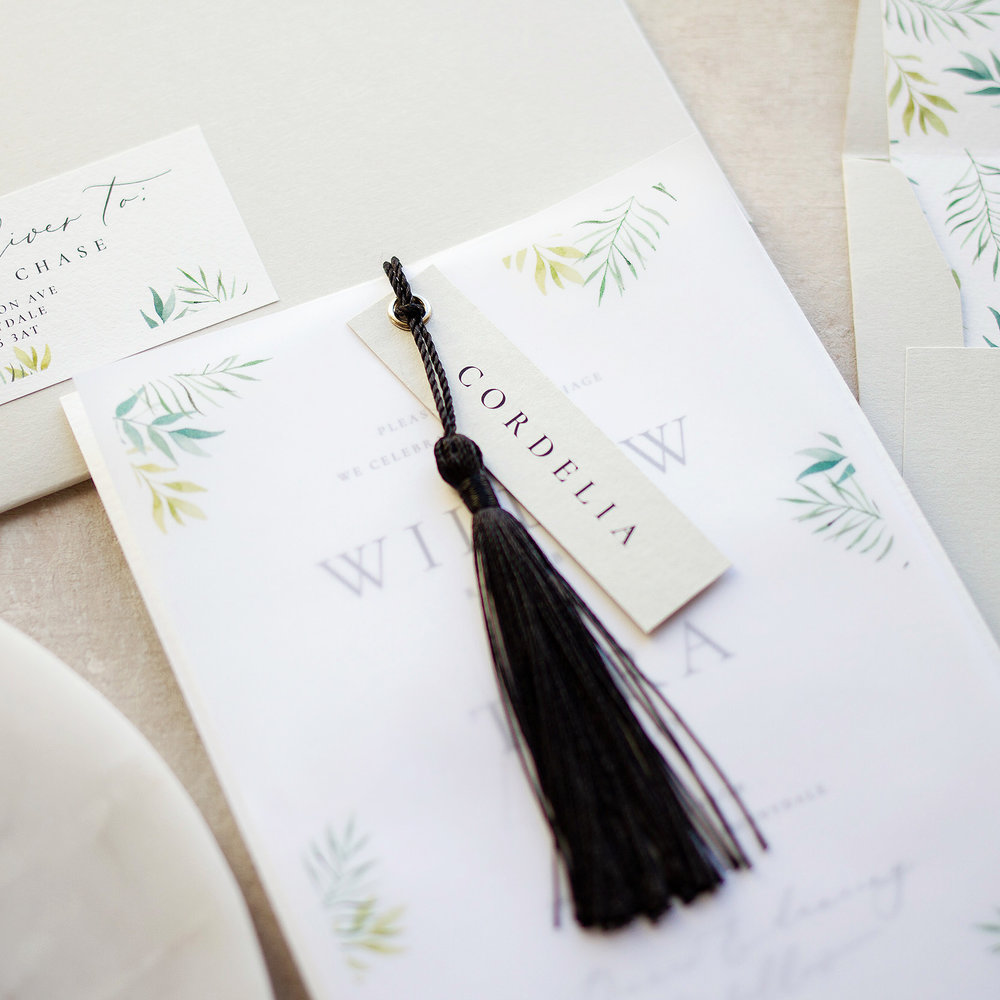 Minimal Botanical Unique Invitation with Hand Painted Details, Velum Wrap and a Black Tassel  - www.pinglepie.com.jpg