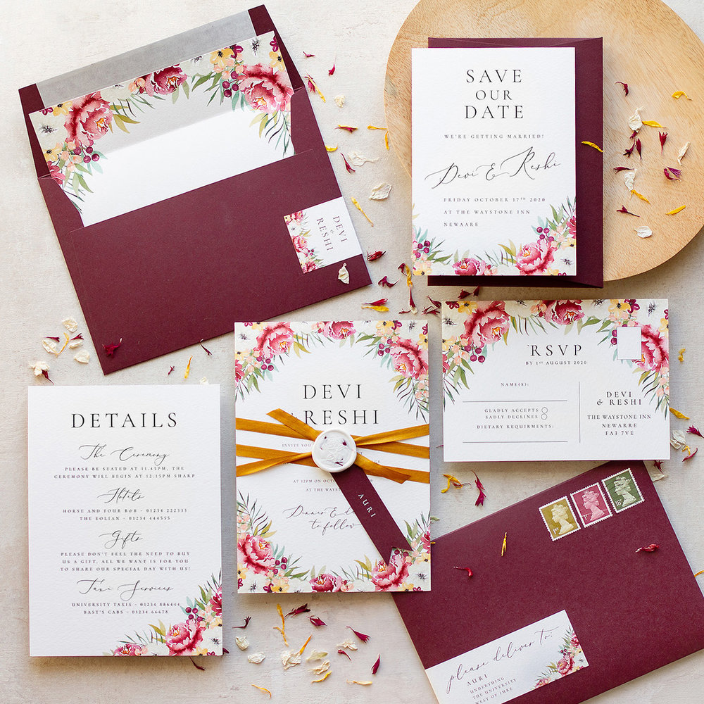 Autumn Leaves Burgundy Marsala Wedding Stationery with Luxury Silk Ribbon and Wax Seal - www.pinglepie.com.jpg