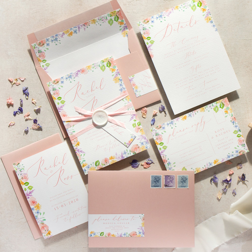 Spring Heath Luxe Wedding Stationery with Hand Painted Watercolour Flowers and Blush Pink Envelopes - www.pinglepie.com.jpg