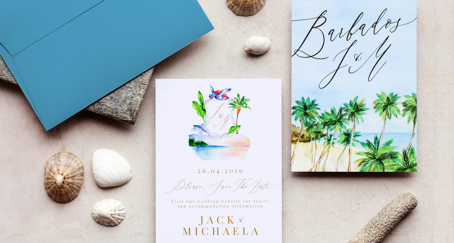 Tropical Barbados Wedding Invitation with Palm Trees and Digital Foil.jpg