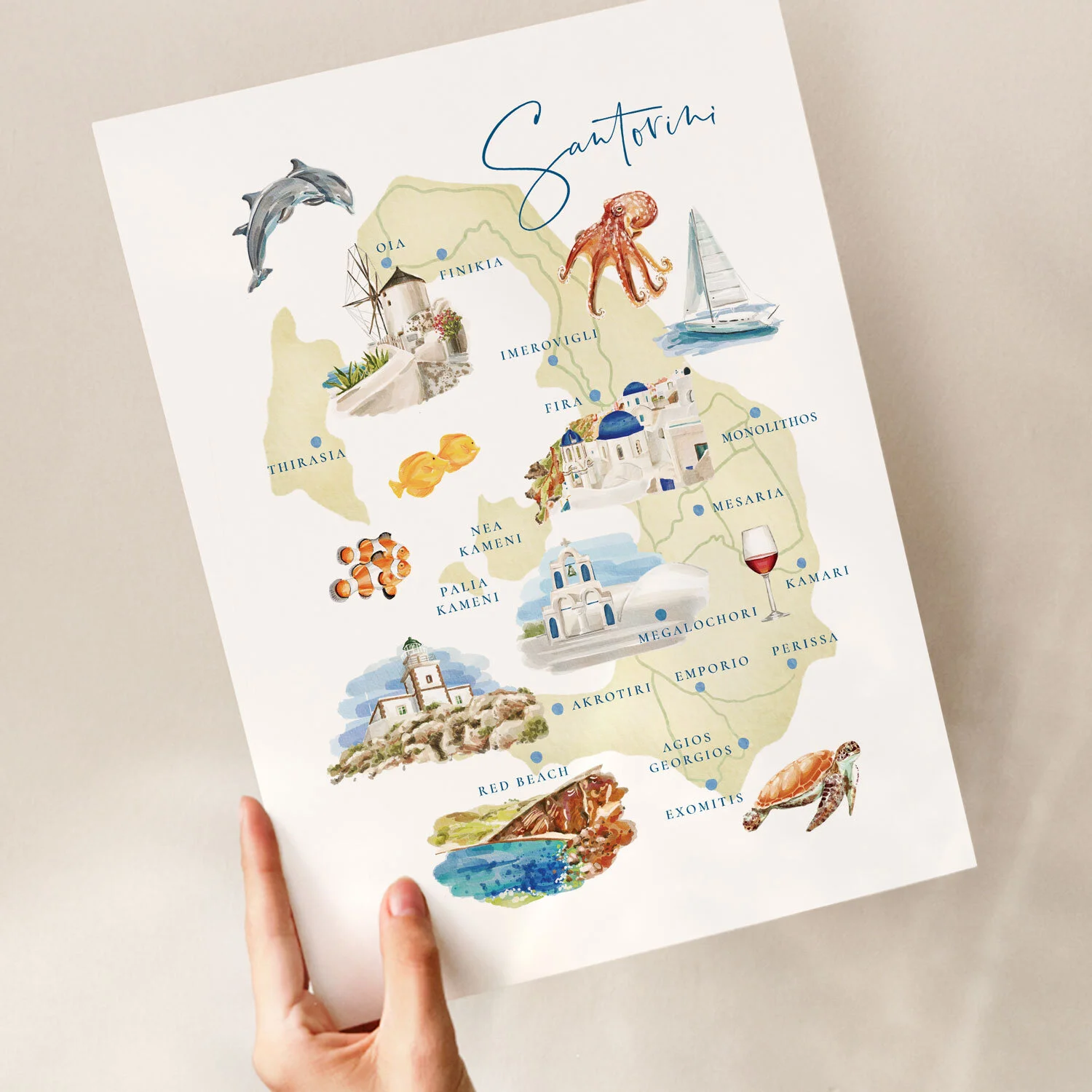 Santorini-Map,-Gallery-Wall-Map,-Illustrated-Map,-Hand-Drawn-Watercolour-Map-of-Santorini-A4.jpg