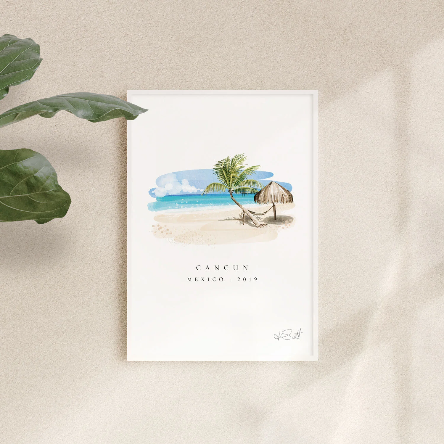 Custom-watercolour-special-place-illustration,-watercolour-venue-portrait,-stylised-beach-portrait-framed-and-hung-on-wall-Cancun-Mexico.jpg