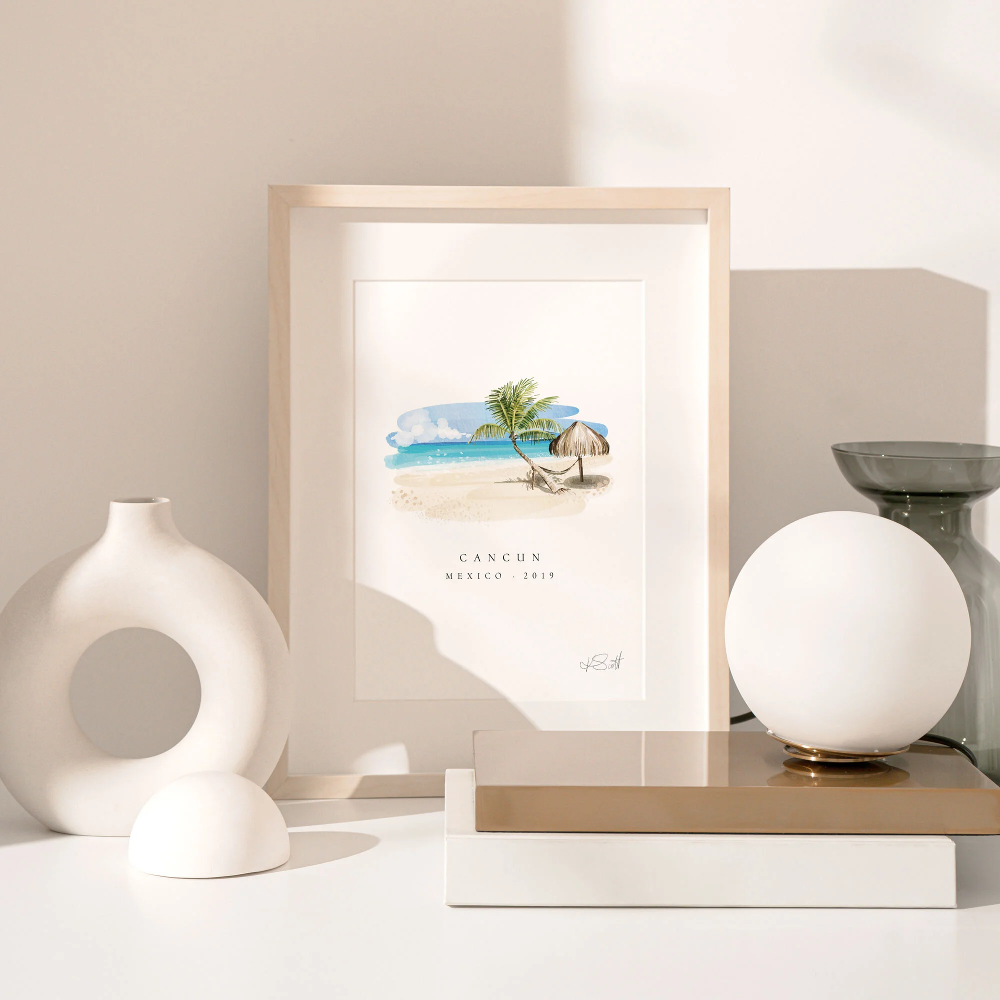 Custom-watercolour-special-place-illustration,-watercolour-venue-portrait,-stylised-beach-portrait-Cancun-Mexico-in-situ.jpg