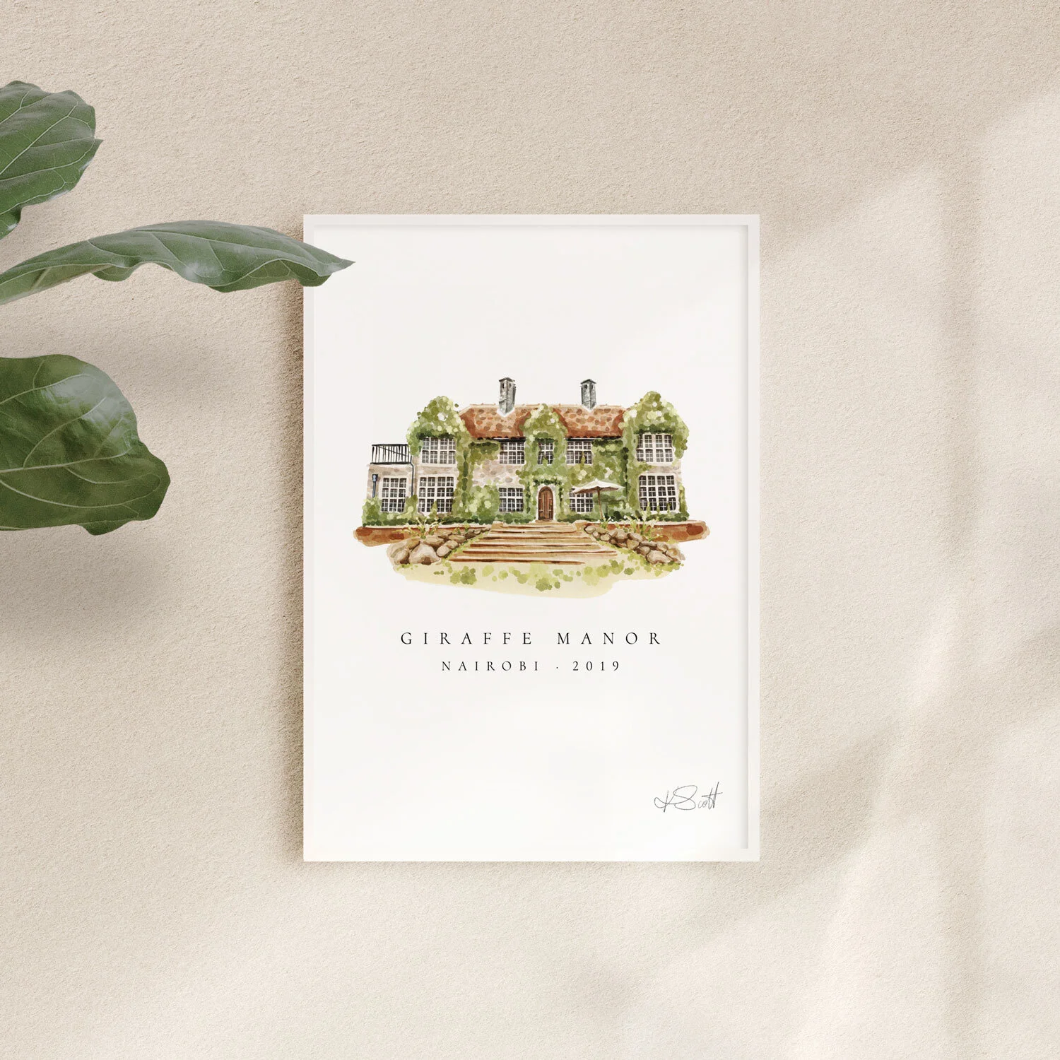 Custom-watercolour-venue-illustration,-watercolour-venue-portrait,-stylised-venue-portrait-framed-and-hung-on-wall-Giraffe-Manor-Nairobi.jpg
