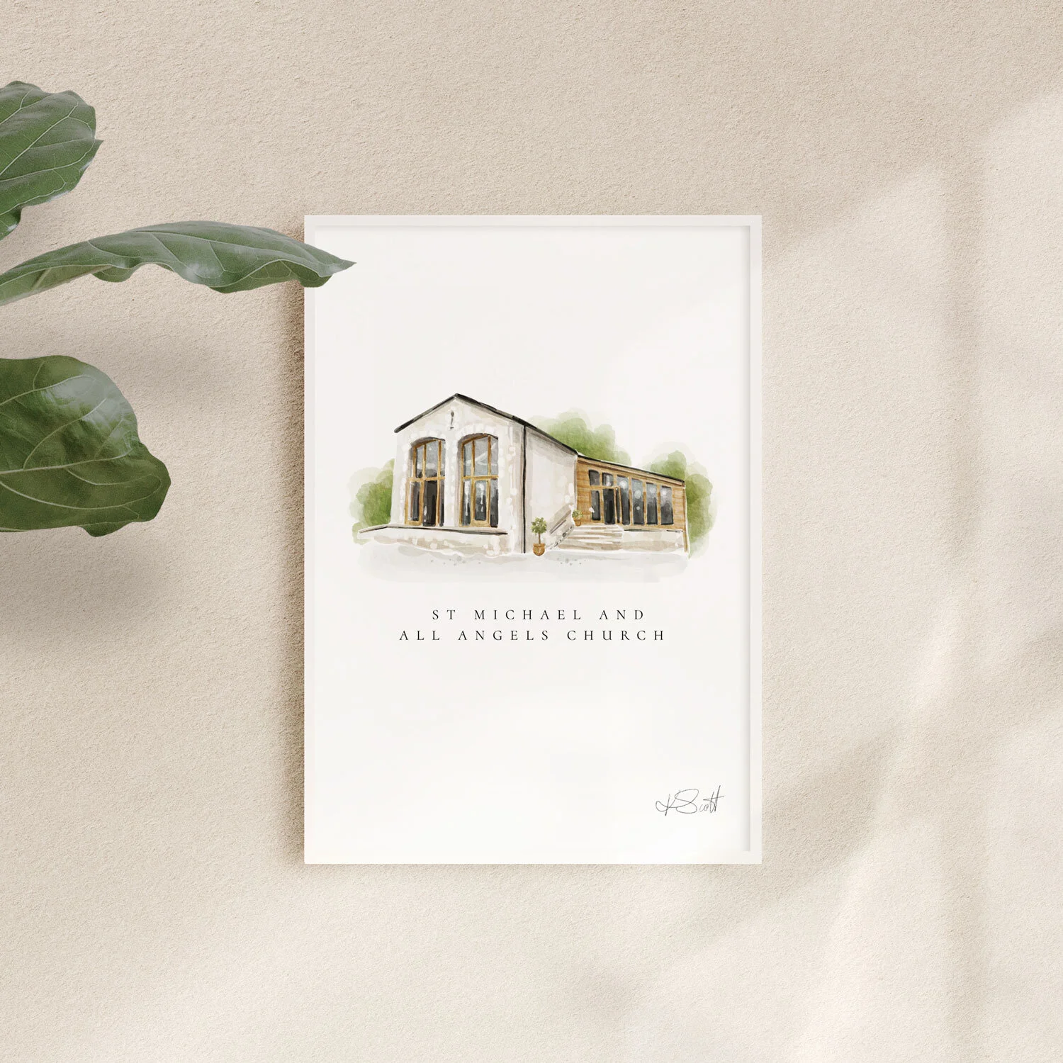 Custom-watercolour-venue-illustration,-watercolour-venue-portrait,-stylised-venue-portrait-framed-and-hung-on-wall-St-Michael-and-all-angels-church.jpg