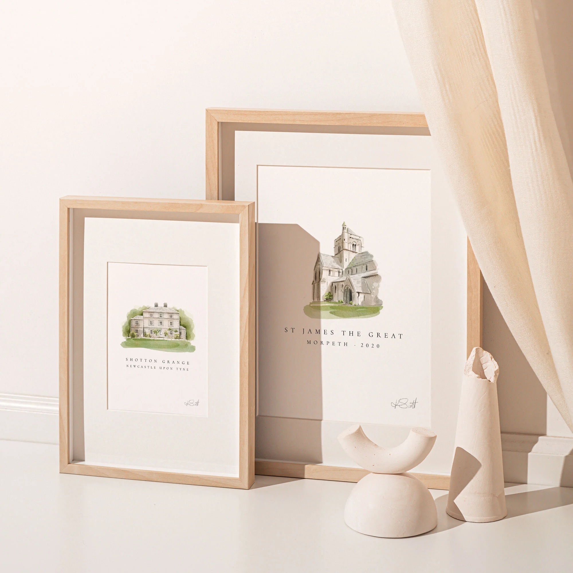 Custom-watercolour-wedding-church-illustration,-watercolour-venue-portrait,-stylised-venue-portrait-framed-and-hung-on-wall-St-James-The-Great-Morpeth-and-Shotton-Grange-Newcastle.jpg