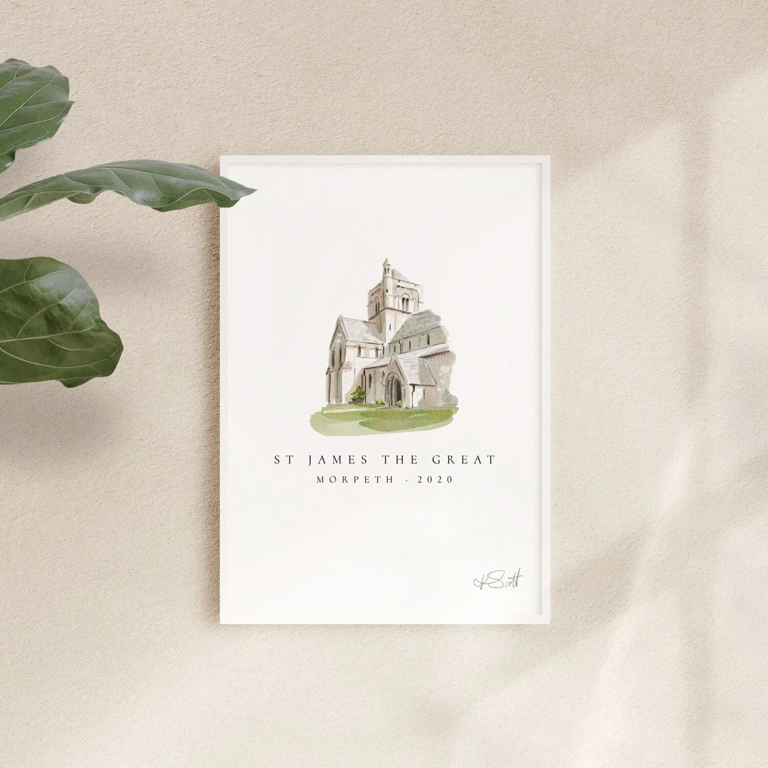 Custom-watercolour-wedding-church-illustration,-watercolour-venue-portrait,-stylised-venue-portrait-framed-and-hung-on-wall-St-James-The-Great-Morpeth.jpg