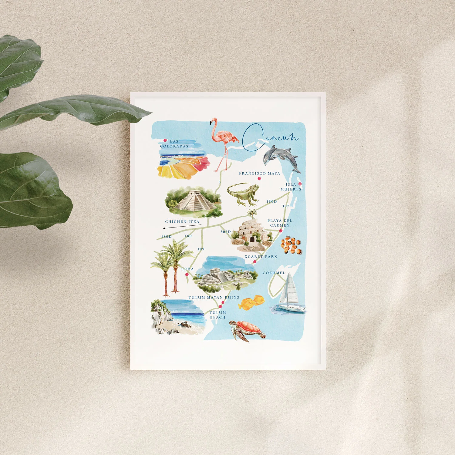 Cancun-Map,-Gallery-Wall-Map,-Illustrated-Map,-Hand-Drawn-Watercolour-Map-of-Cancun.jpg