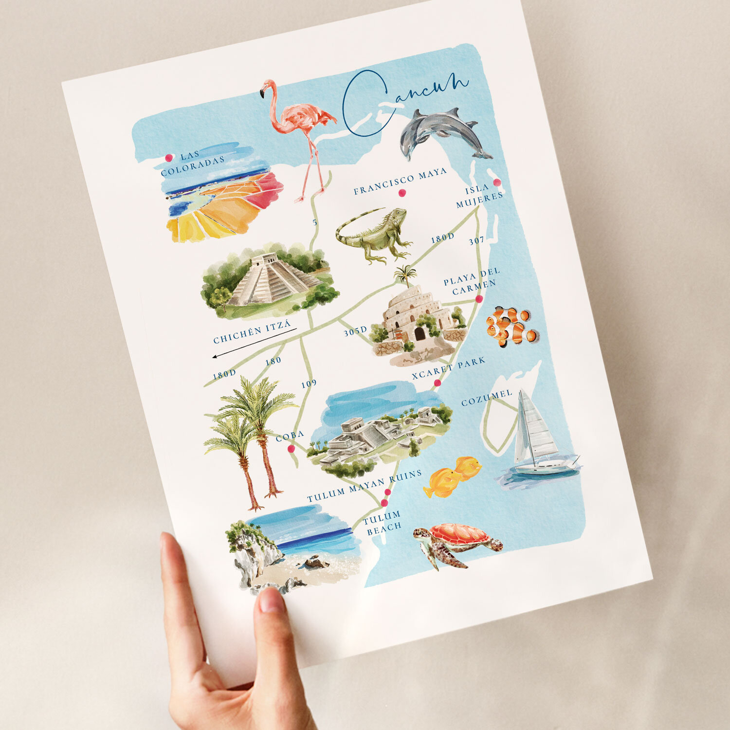 Cancun-Map,-Gallery-Wall-Map,-Illustrated-Map,-Hand-Drawn-Watercolour-Map-of-Cancun-A4.jpg