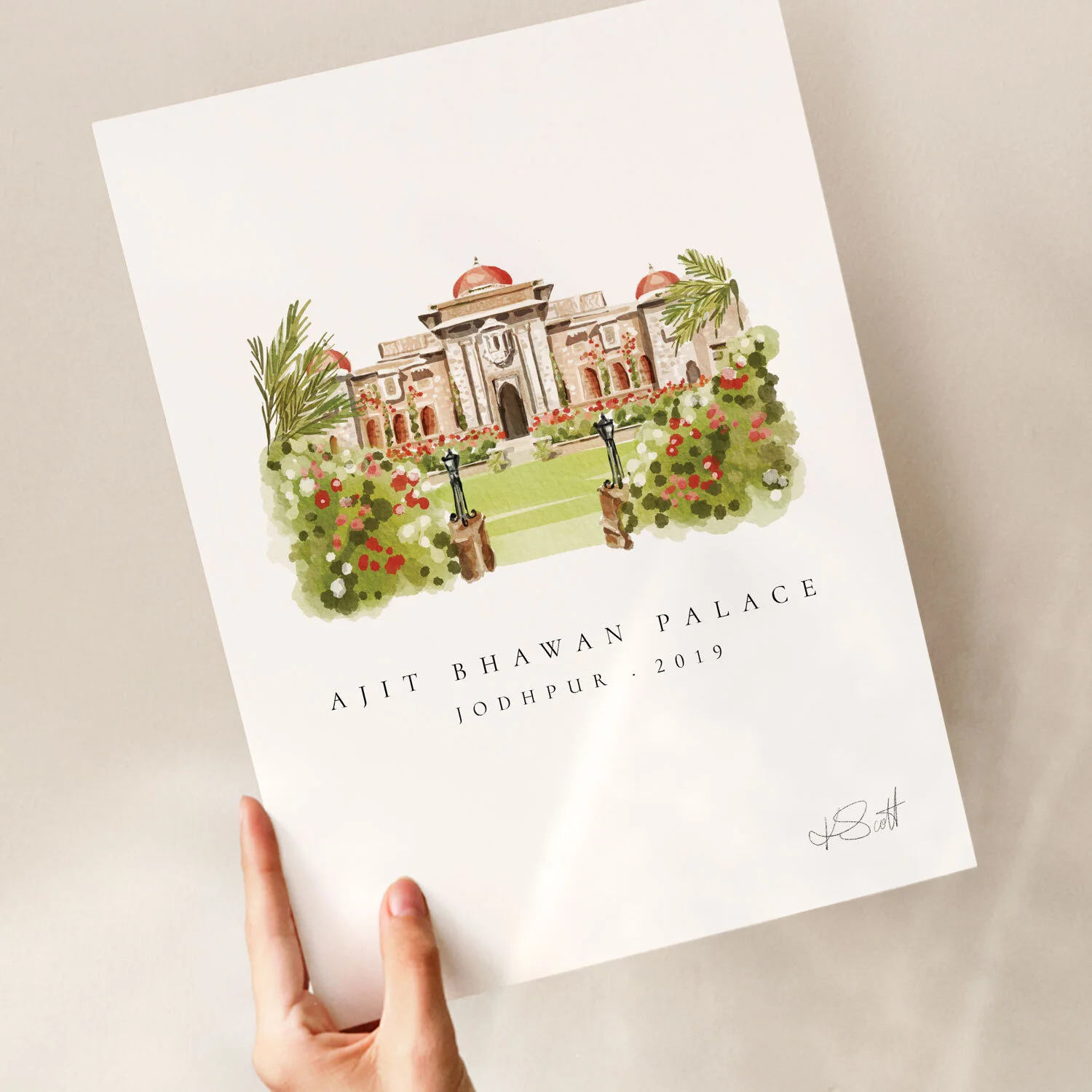 Custom-watercolour-wedding-venue-illustration,-watercolour-venue-portrait,-stylised-venue-portrait-framed-and-hung-on-wall-Ajit-Bhawan-Jodhpur.jpg