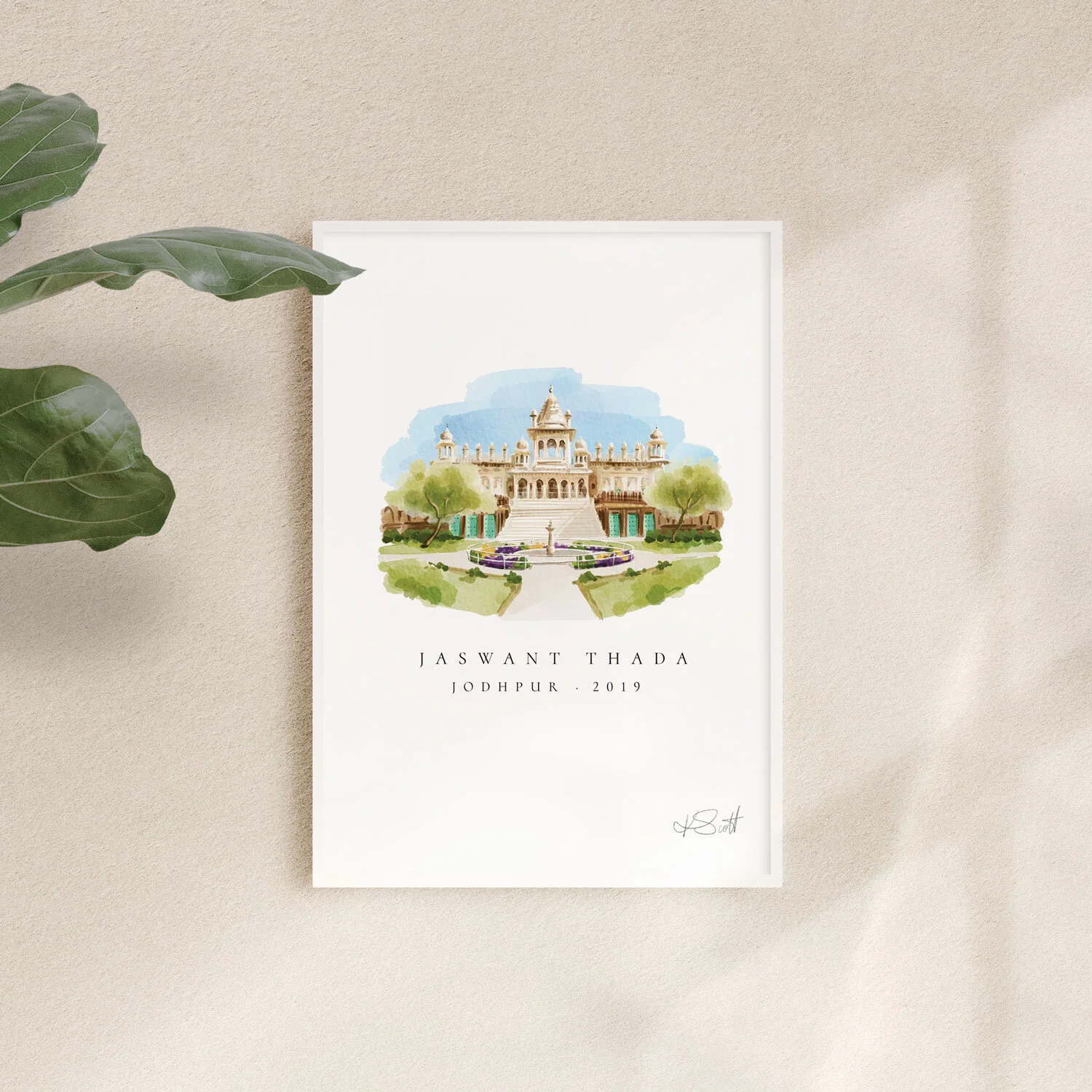 Custom-watercolour-wedding-venue-illustration,-watercolour-venue-portrait,-stylised-venue-portrait-framed-and-hung-on-wall-Jaswant-Thada-Jodhpur.jpg