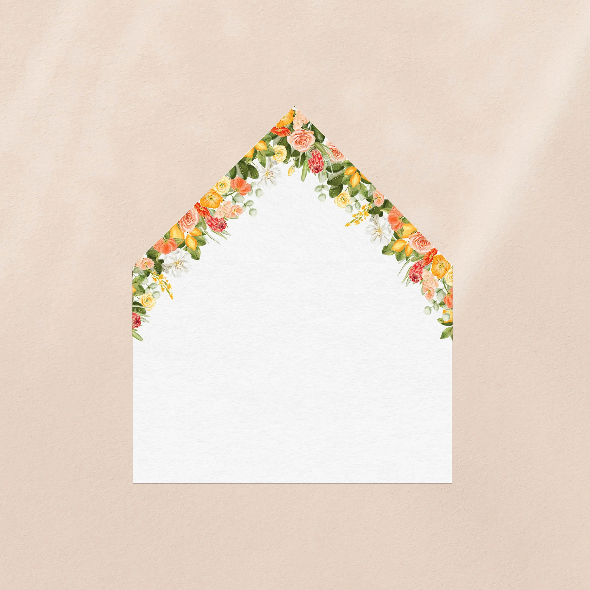 An envelope liner printed with yellow and orange florals with small lemons