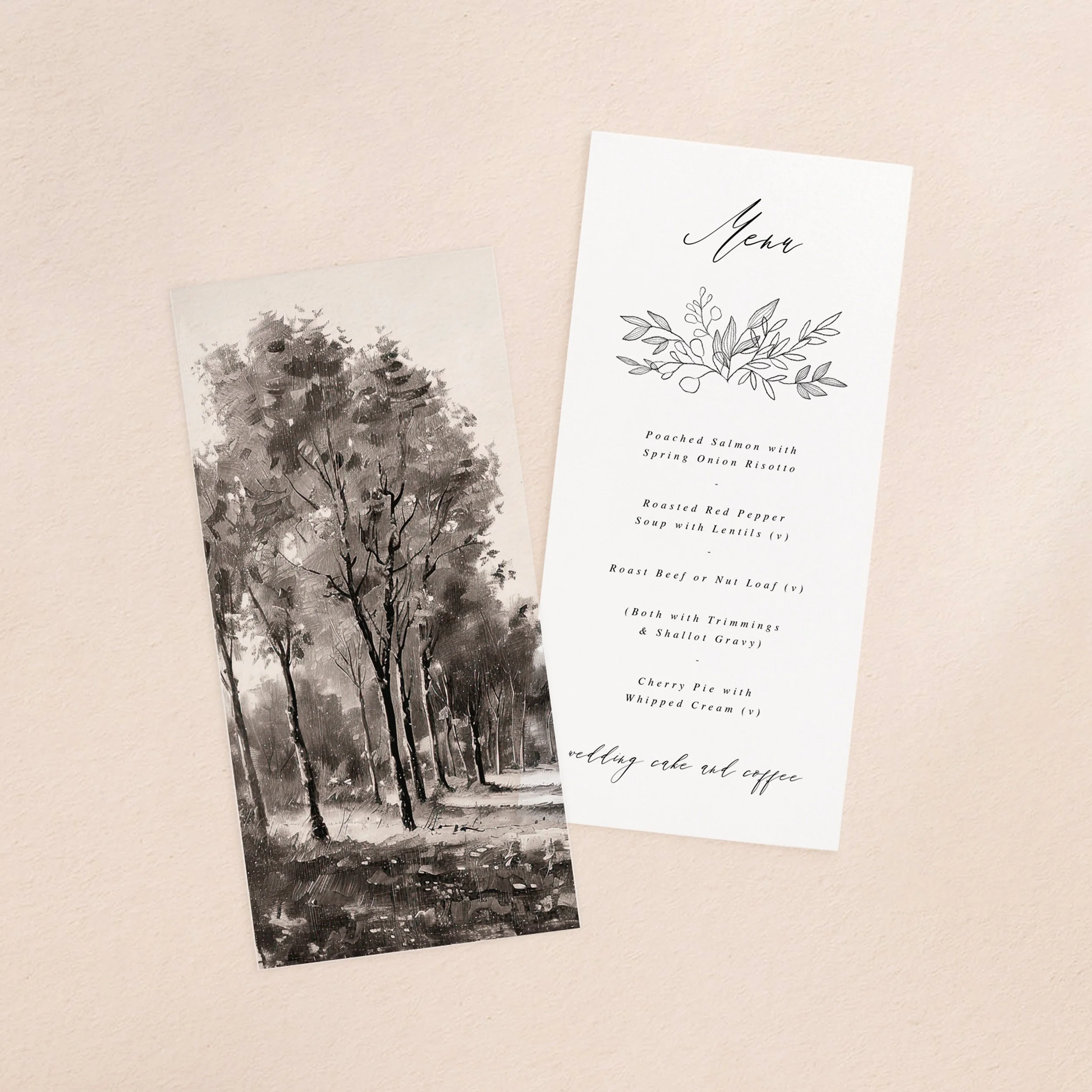A wedding menu card and vellum paper overlay sheet with a printed monochrome oil painting tree scene