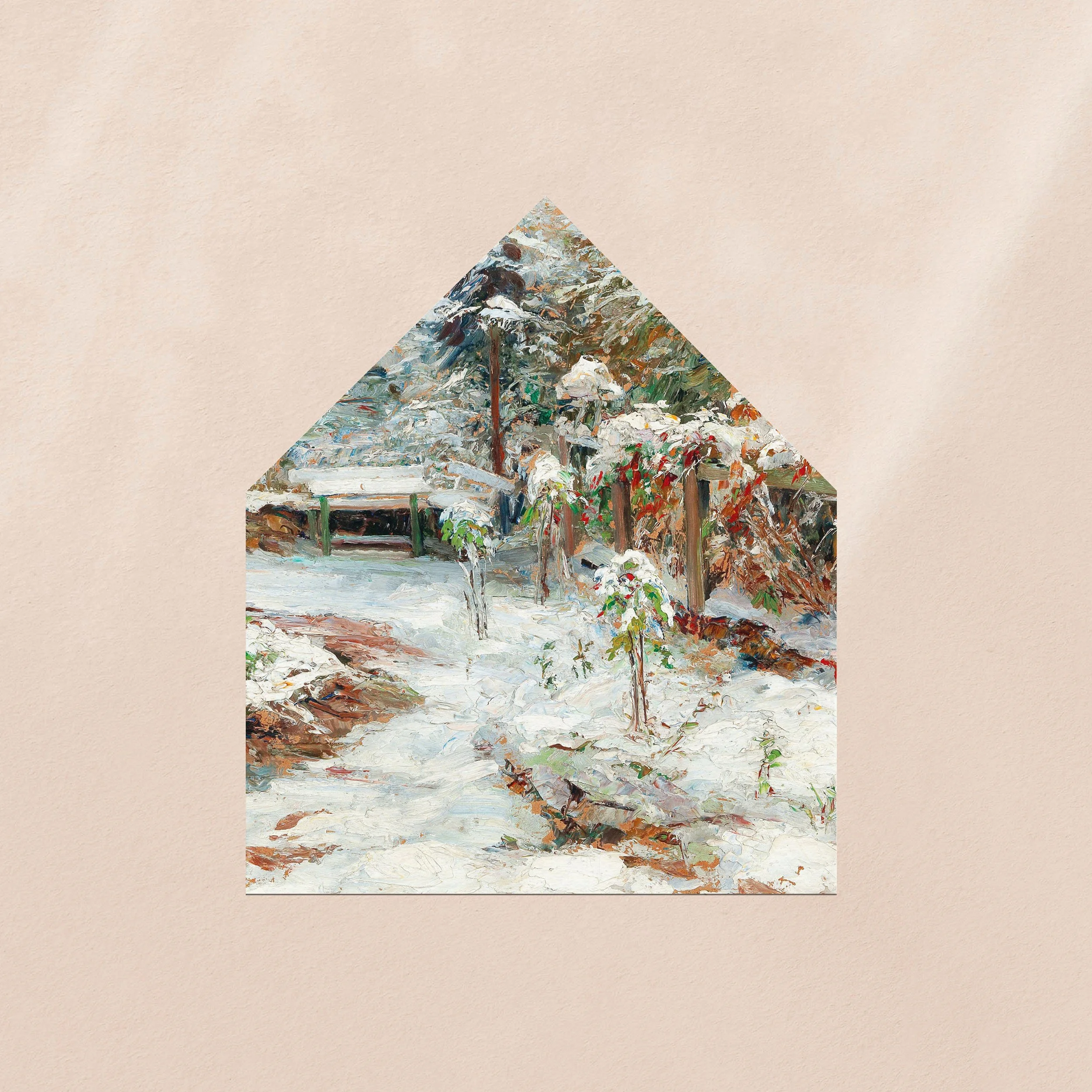 An envelope liner printed with a snow scene including a bench and trees covered in snow.