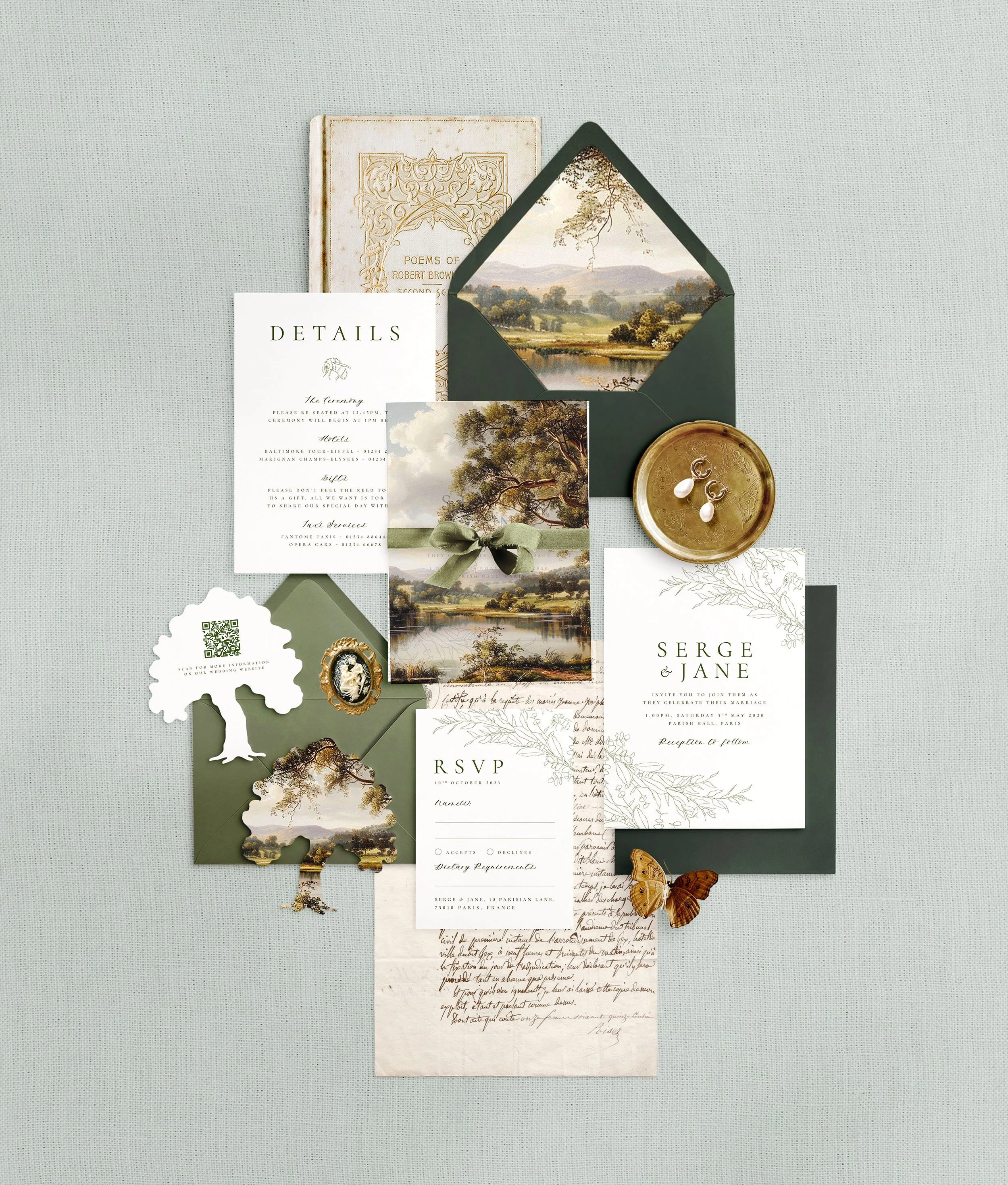 Wedding Invitations, rsvp and oak tree shaped details card. A sprawling green view of the countryside is printed on the vellum and liner, along with hand-drawn flowers.