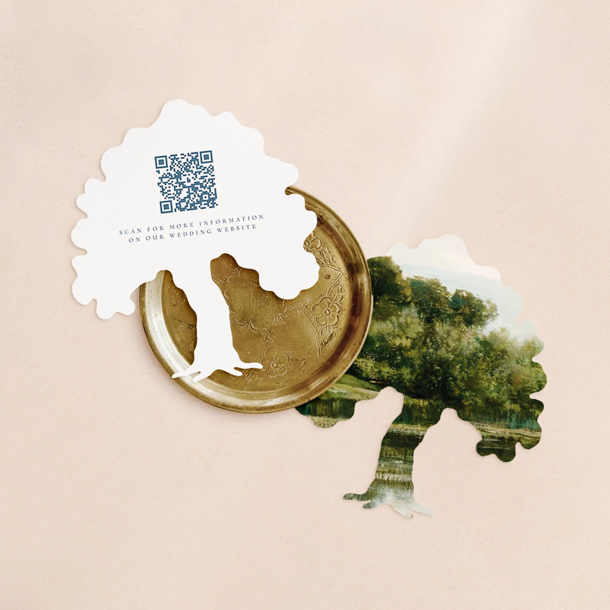 Two tree-shaped cards with a landscape painting on one side and a qr code printed in dusty blue text on the other.