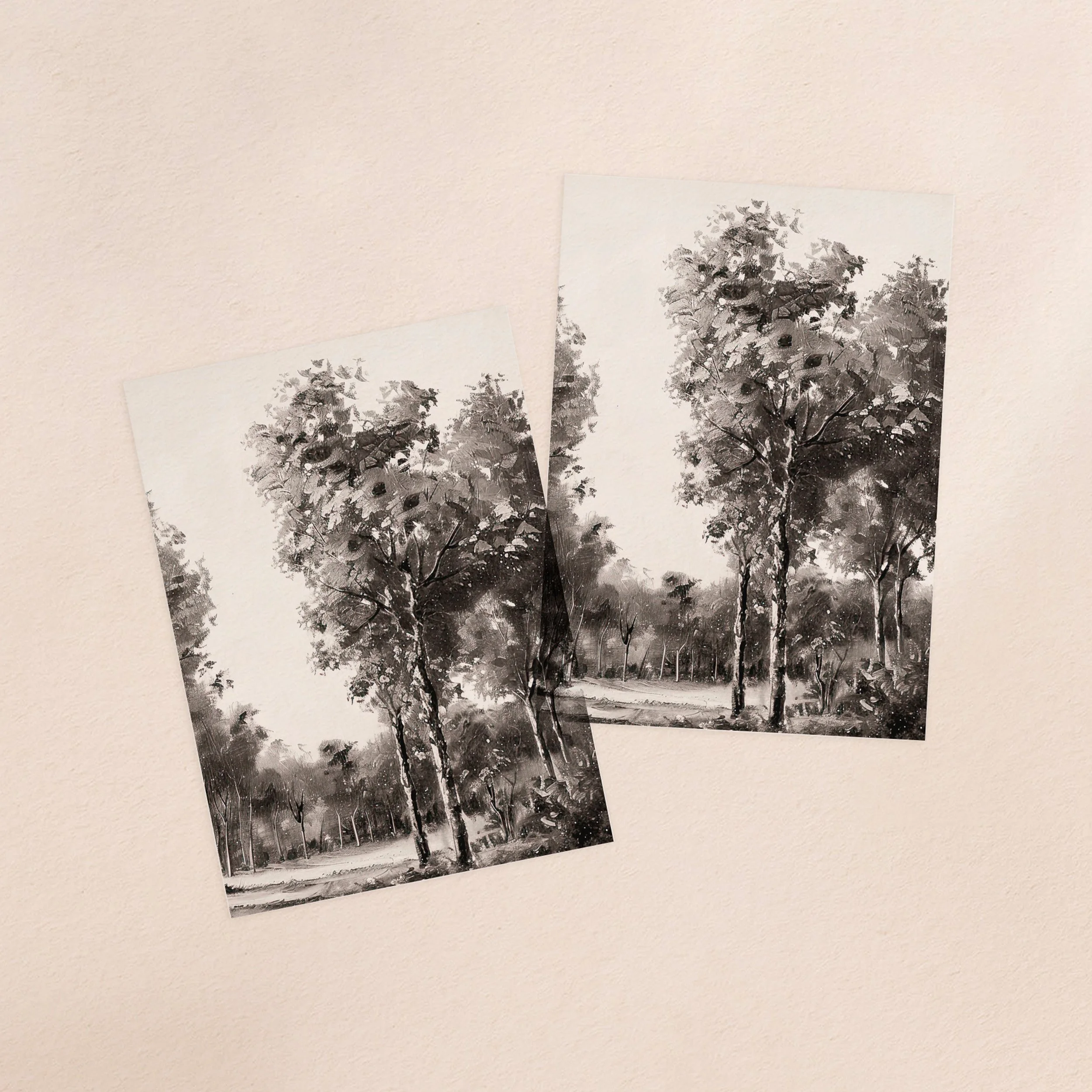 Two vellum paper overlay sheets with a printed monochrome oil painting tree scene