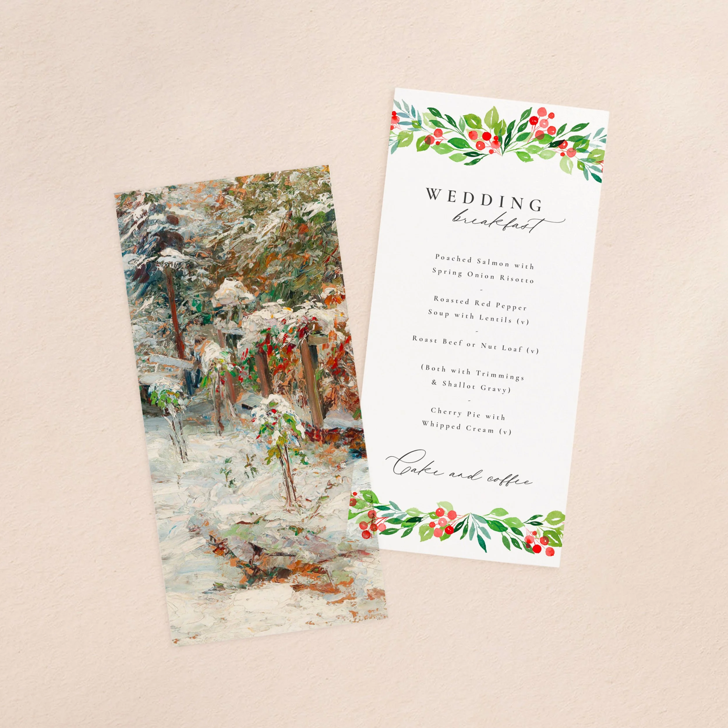 A wedding menu card and vellum paper overlay sheet printed with a snow scene including a bench and trees covered in snow.