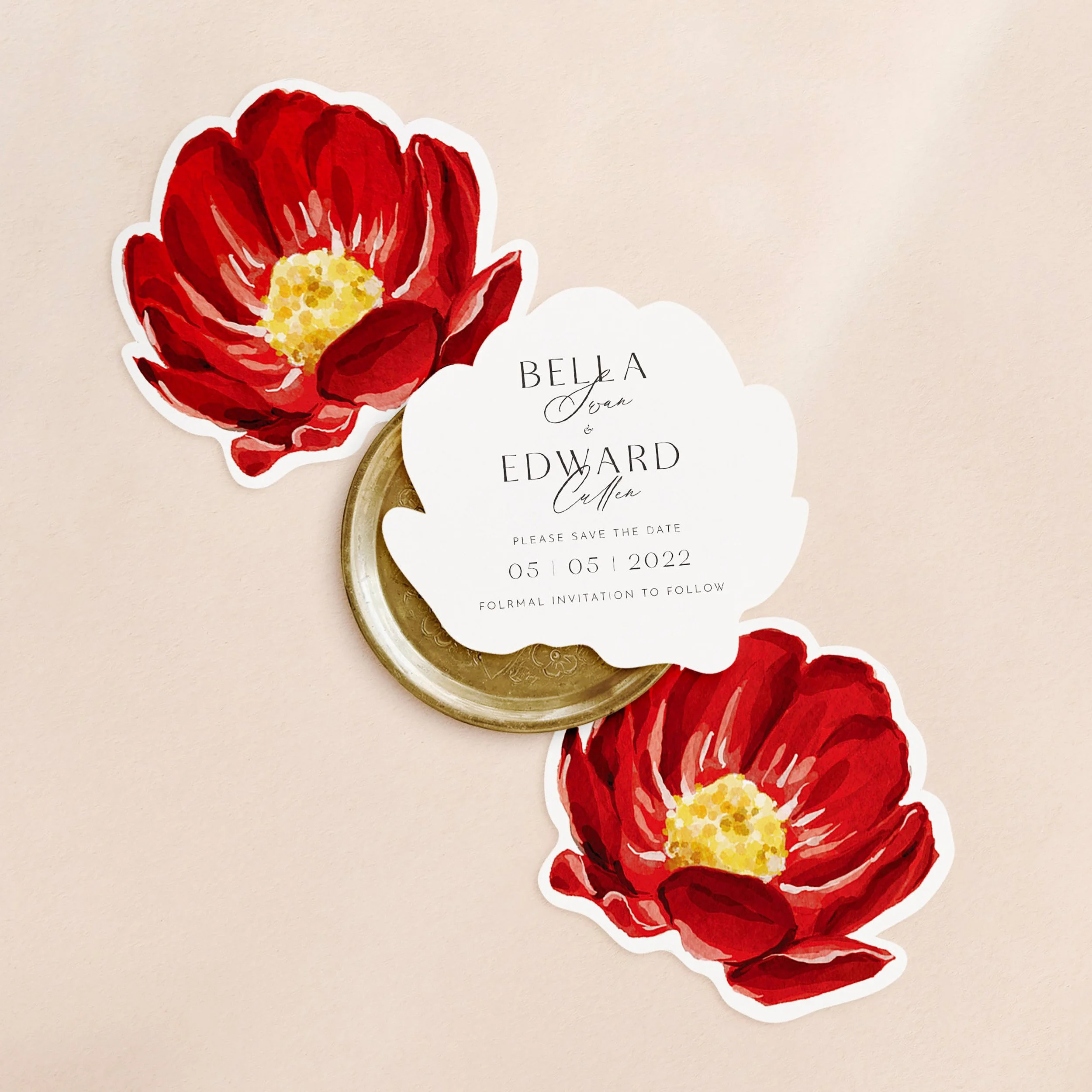 Three flower shaped cards with a red watercolour flower on one side and wedding save the date wording on the other.