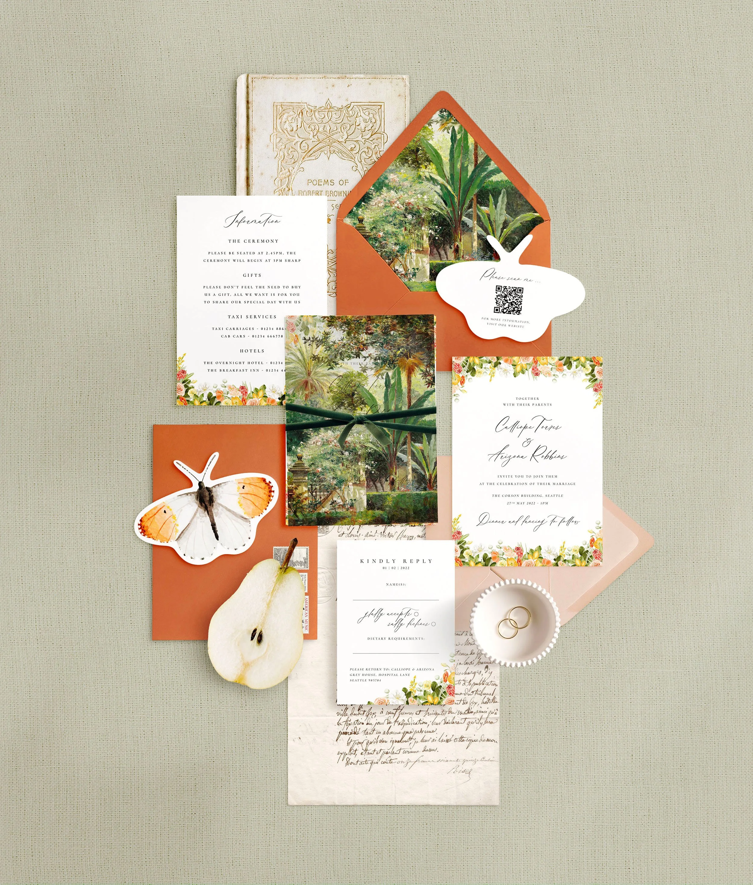 Wedding Invitations, rsvp and a butterfly shaped details card. A yellow and orange citrus design with a walled garden painting on the vellum and envelope liner.