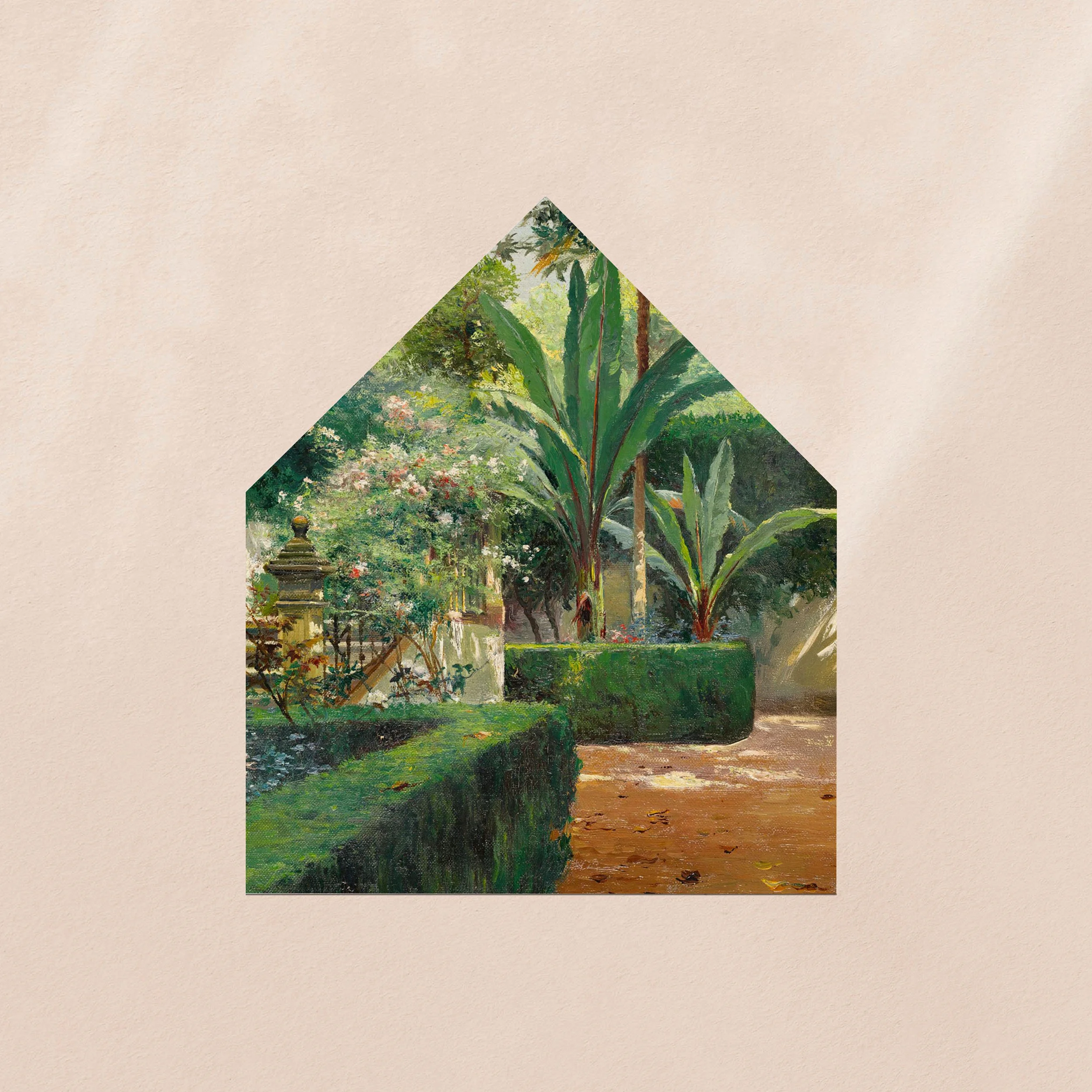 An envelope liner printed with a Mediterranean-style lush green walled garden scene