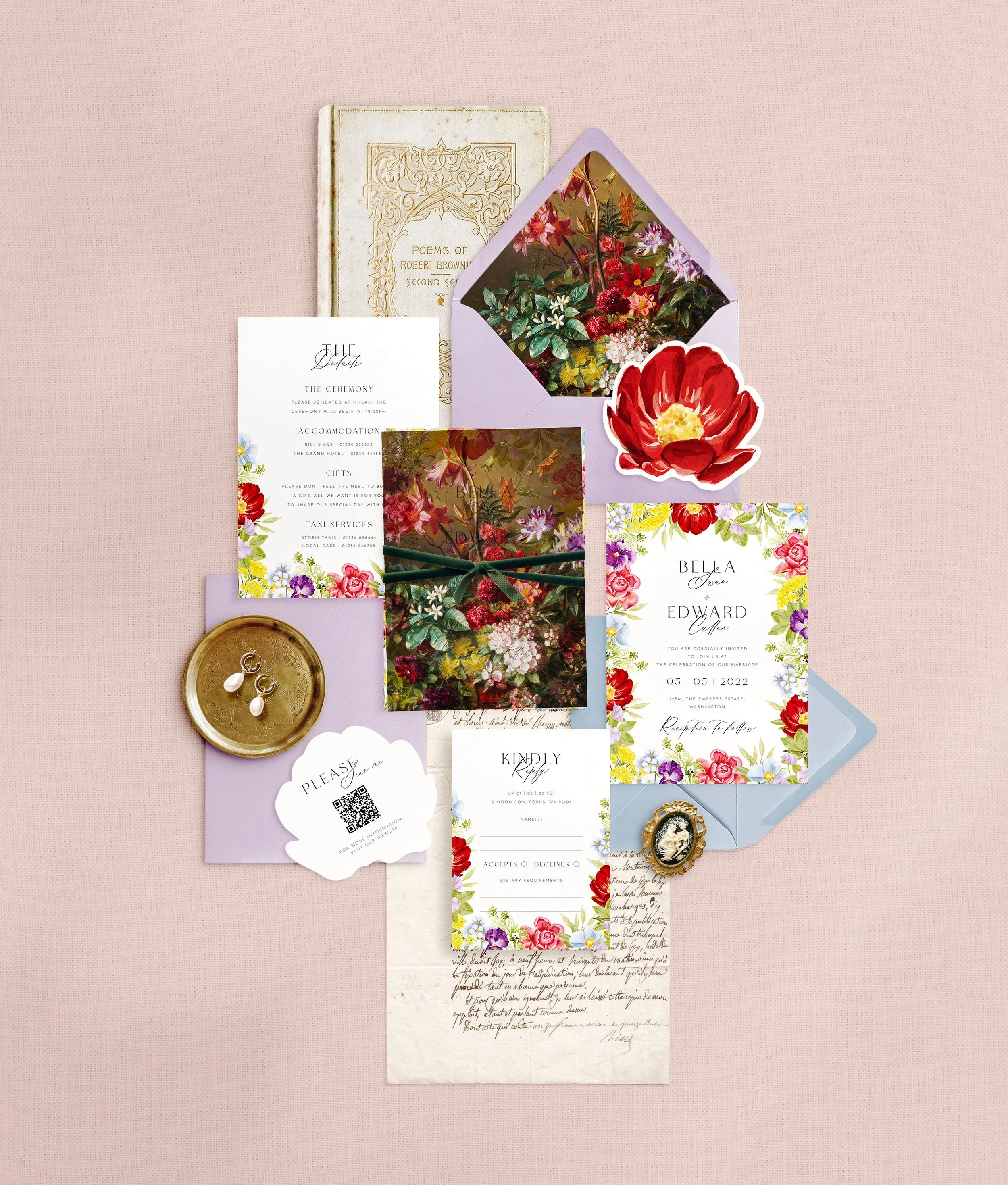 Wedding Invites, rsvp and flower shaped details card. A colourful design with hand-drawn flowers and a moody floral scene on the vellum and envelope liner.