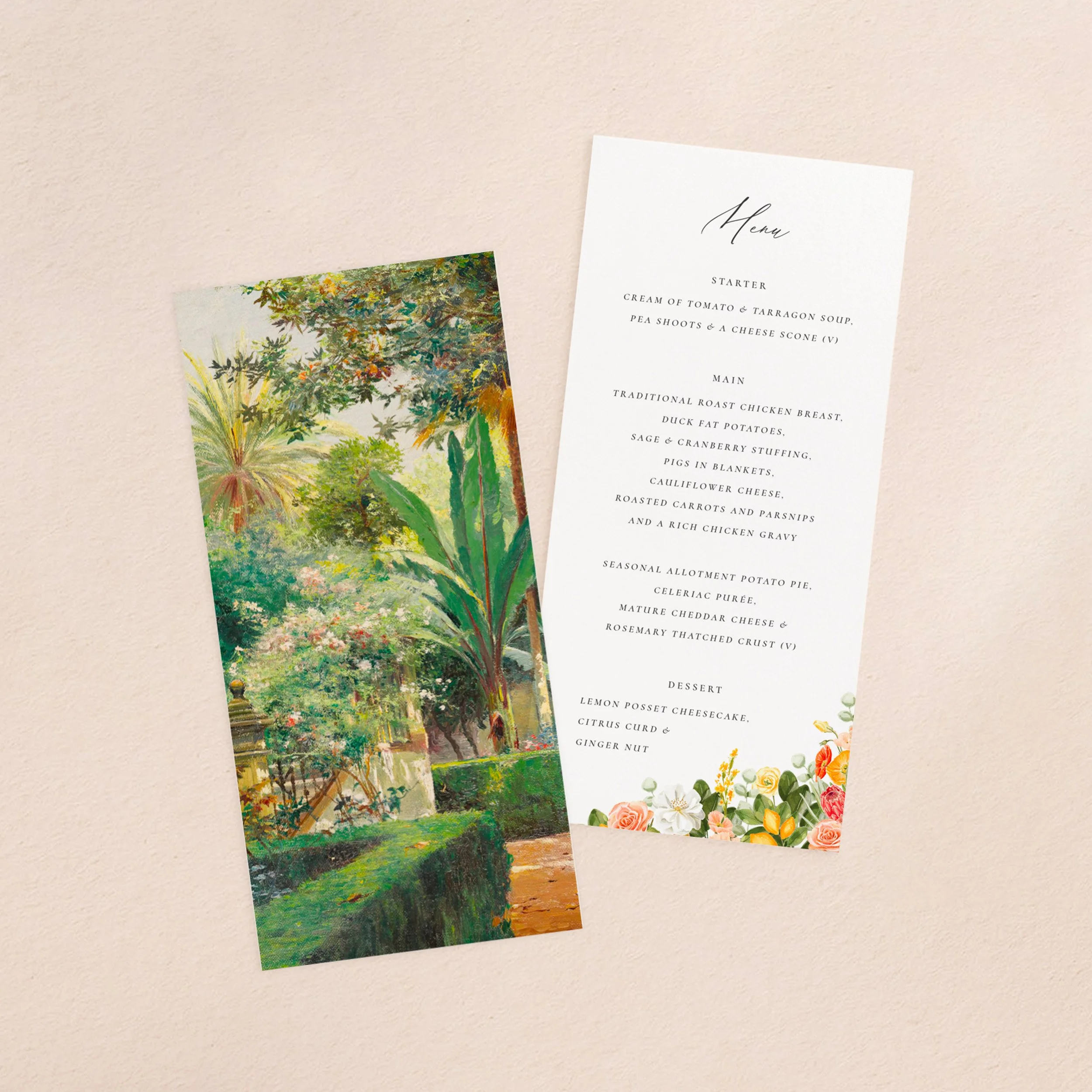 A wedding menu card and vellum paper overlay sheet printed with a Mediterranean-style lush green walled garden scene