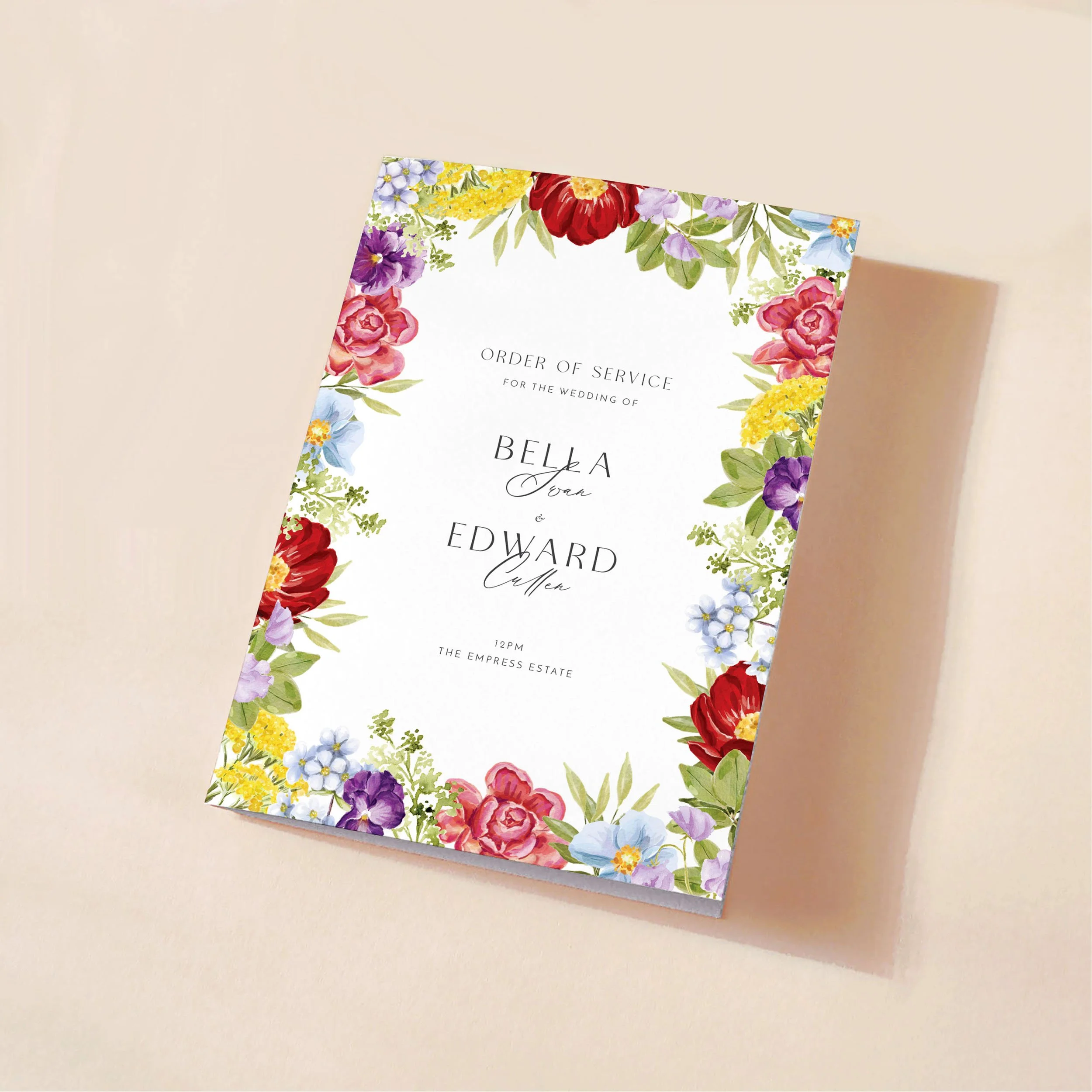 Cover of an order of service booklet with a colourful floral border