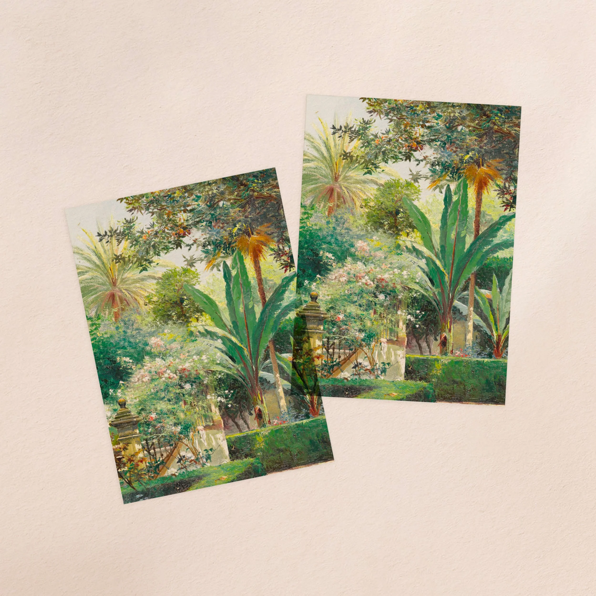 Two vellum paper overlay sheets printed with a Mediterranean-style lush green walled garden scene