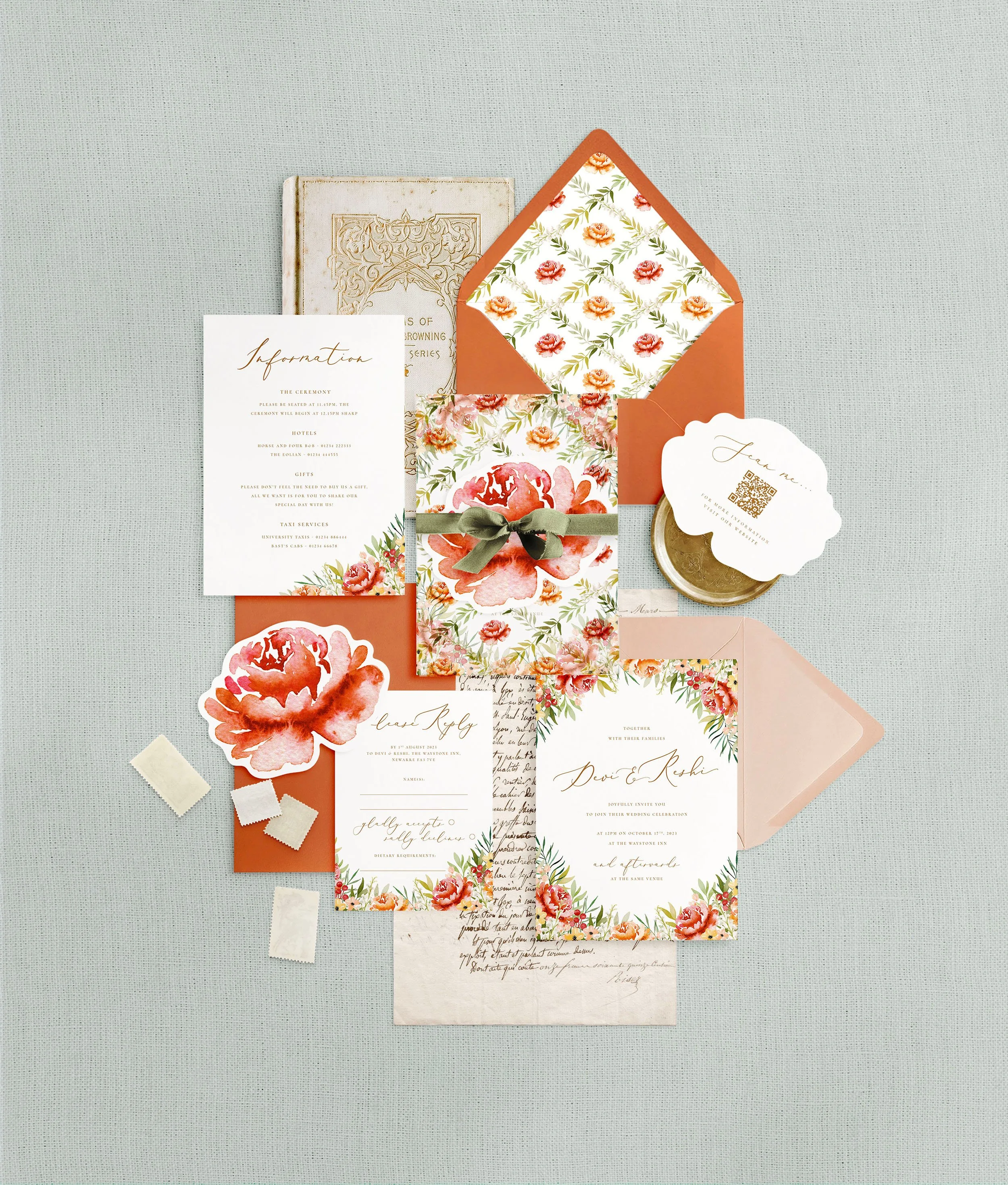 Wedding Invites, rsvp and flower shaped details card. An autumnal orange design with fall themed watercolour flowers and green leaves.