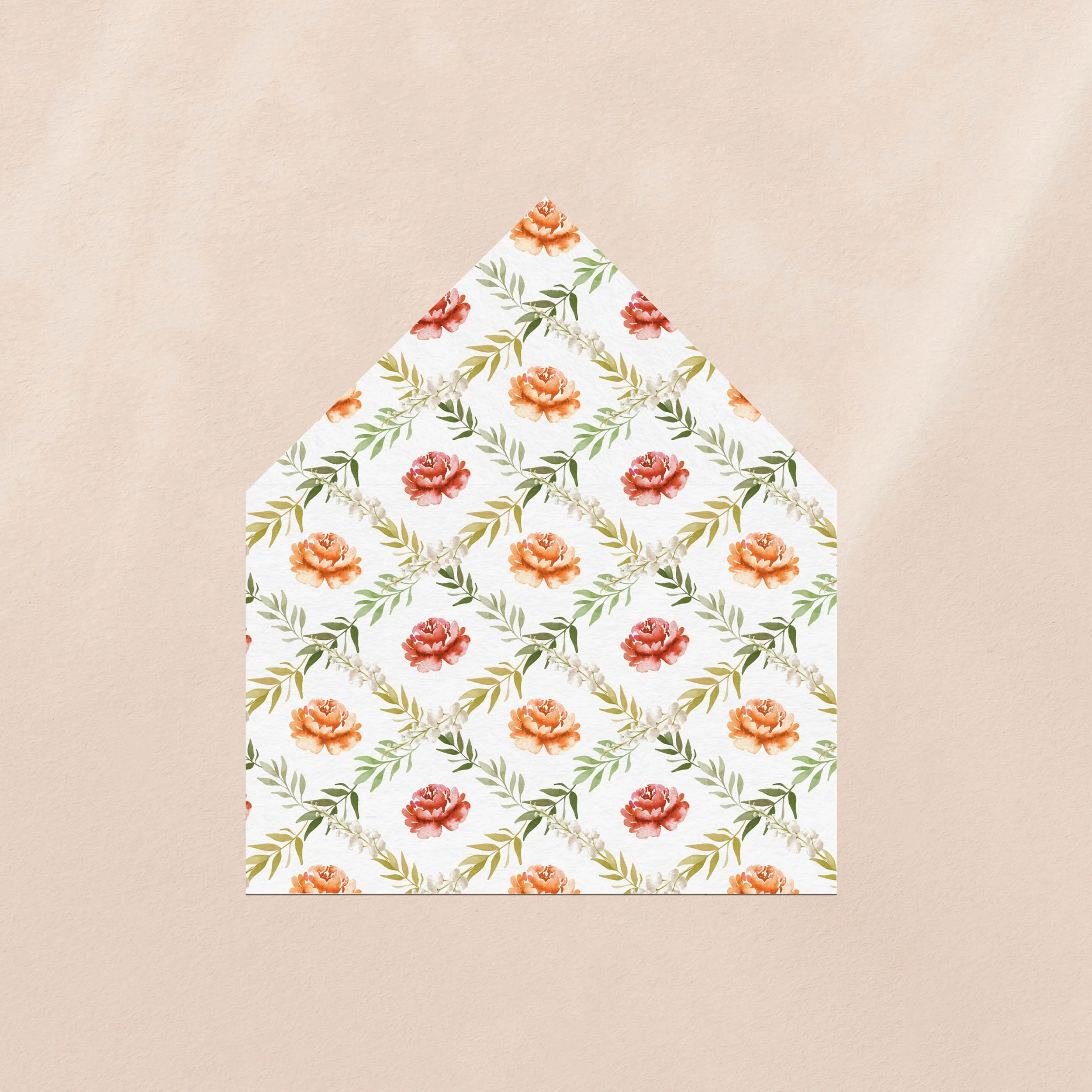 An envelope liner with a burnt orange floral pattern design