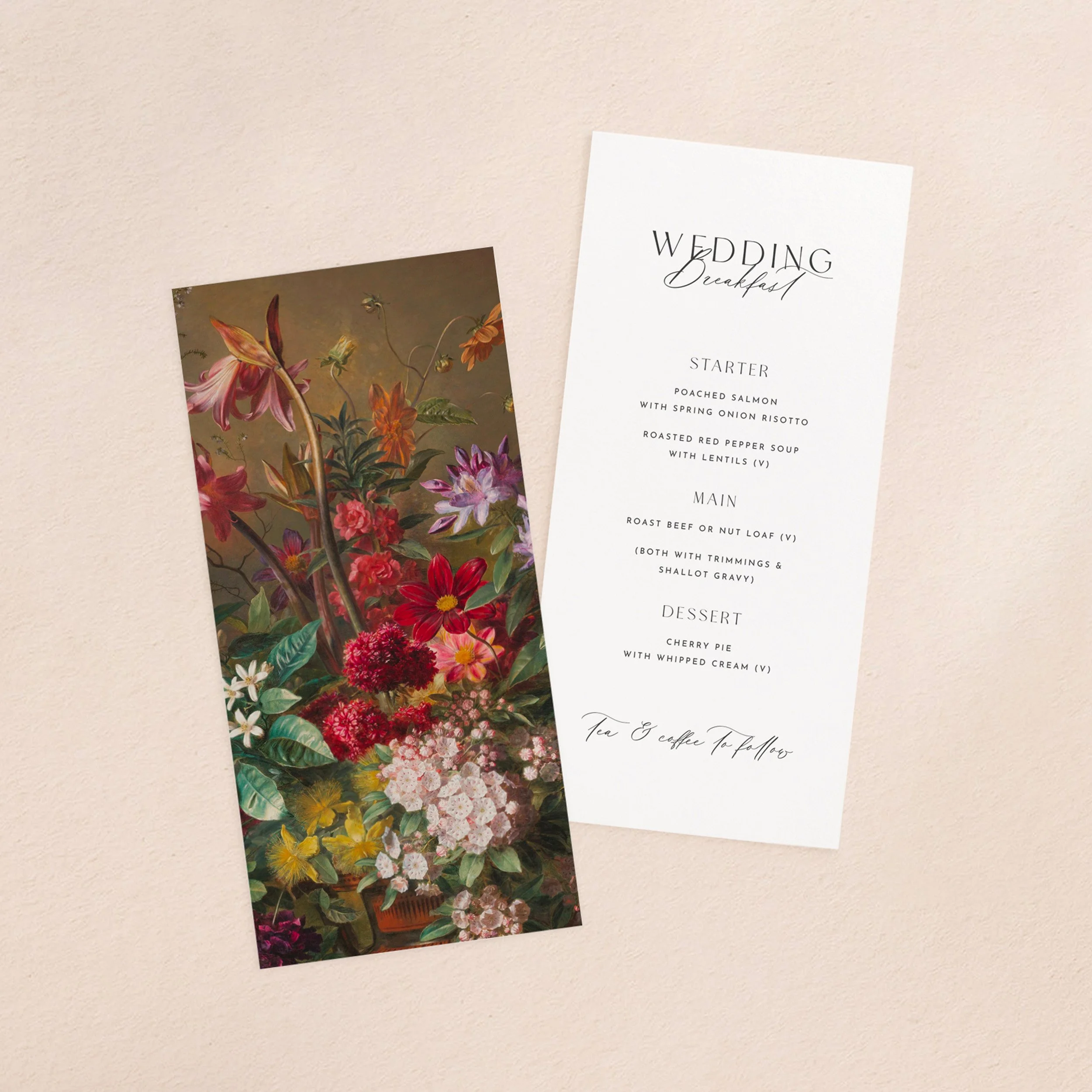 A wedding menu card and vellum paper overlay sheet with a printed moody floral arrangement design