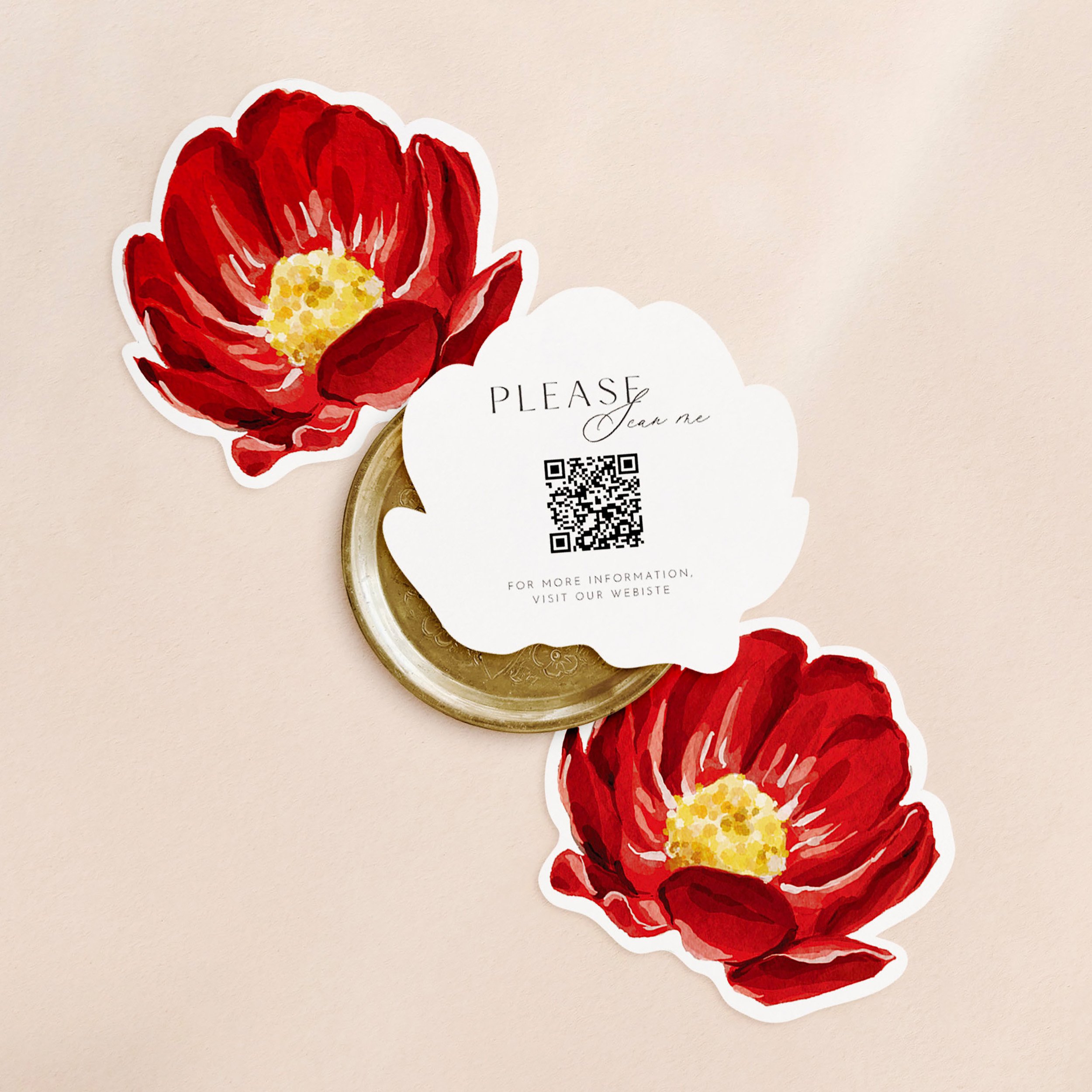 Three flower shaped cards with a red watercolour flower on one side and a qr code printed on the other.