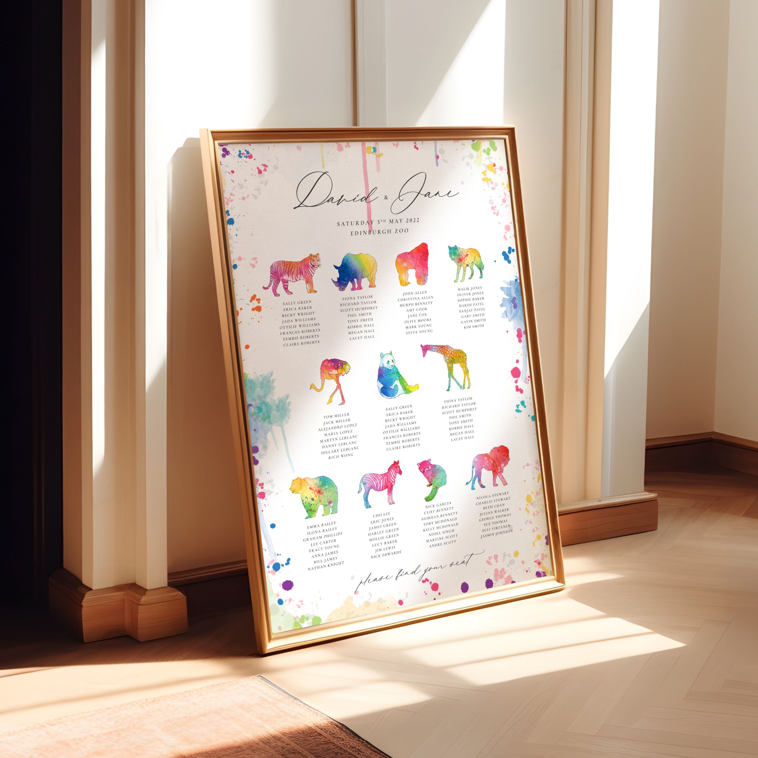 Bright colourful animal themed table plan in a frame