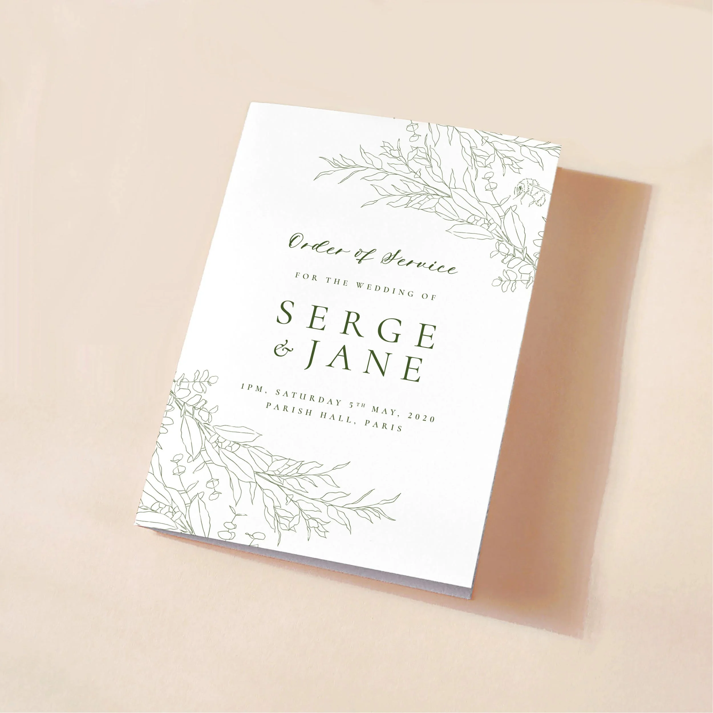 Cover of an order of service booklet with a green botanical sketch motif