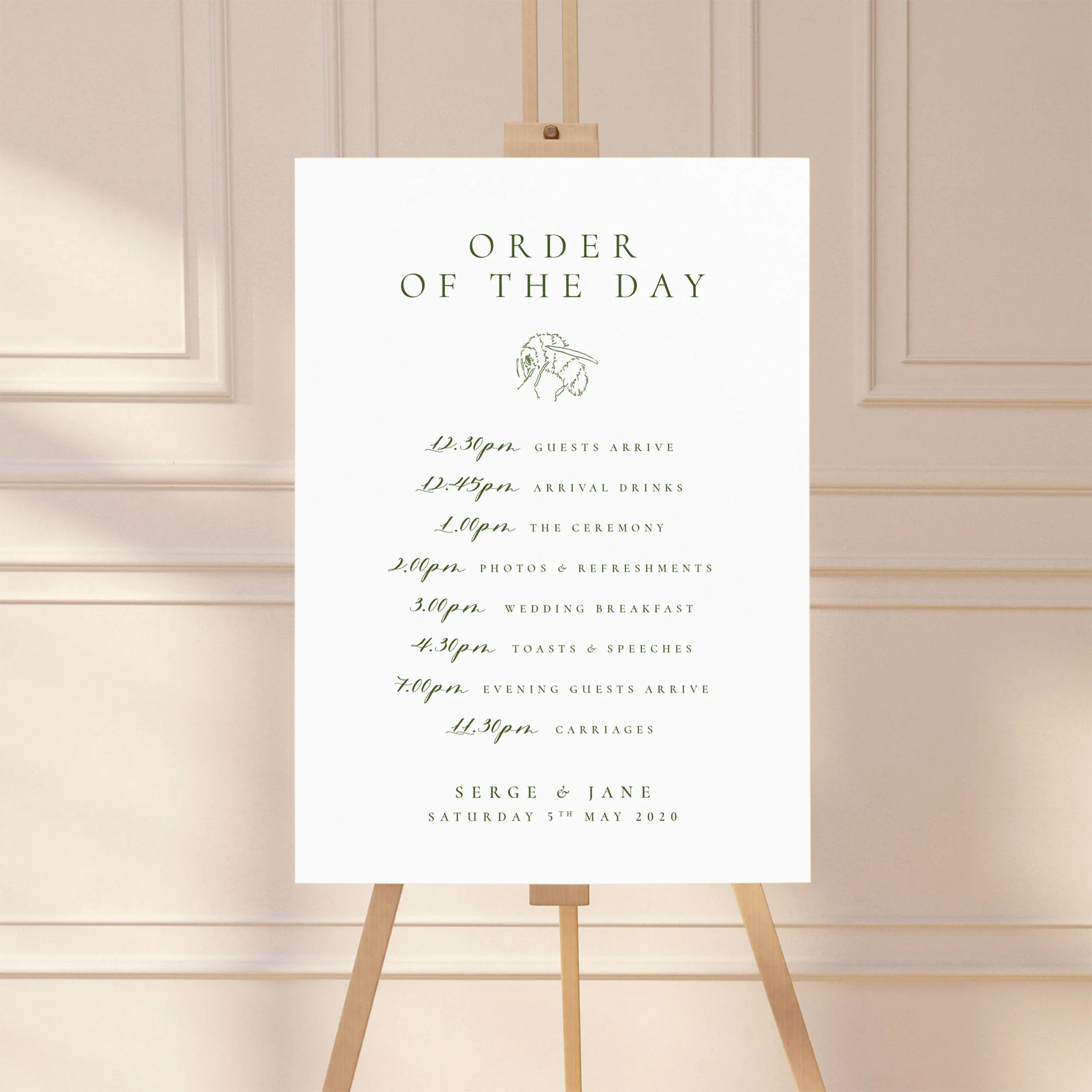 Large sign on an easel displaying a wedding order of the day timeline, featuring a green design with bumble bee