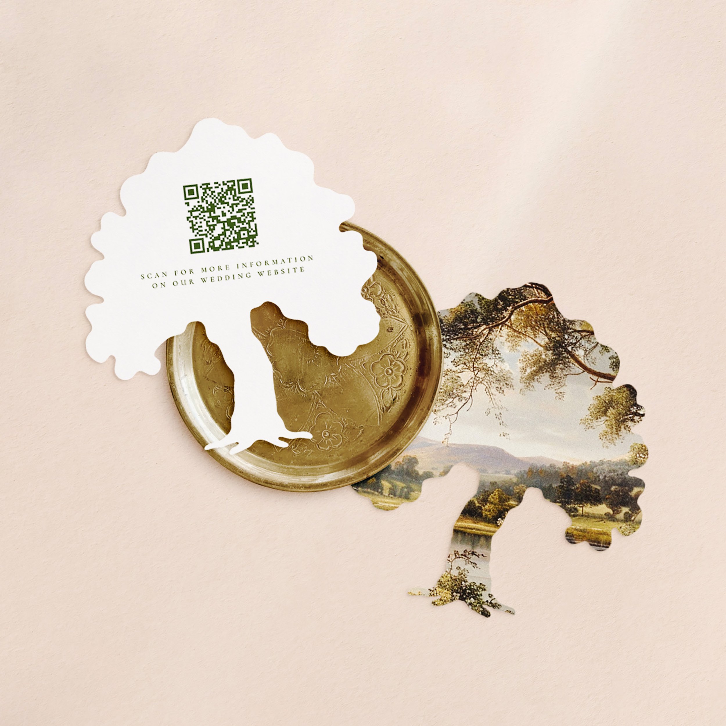 Two tree-shaped cards with a landscape painting on one side and a qr code printed in green text on the other.