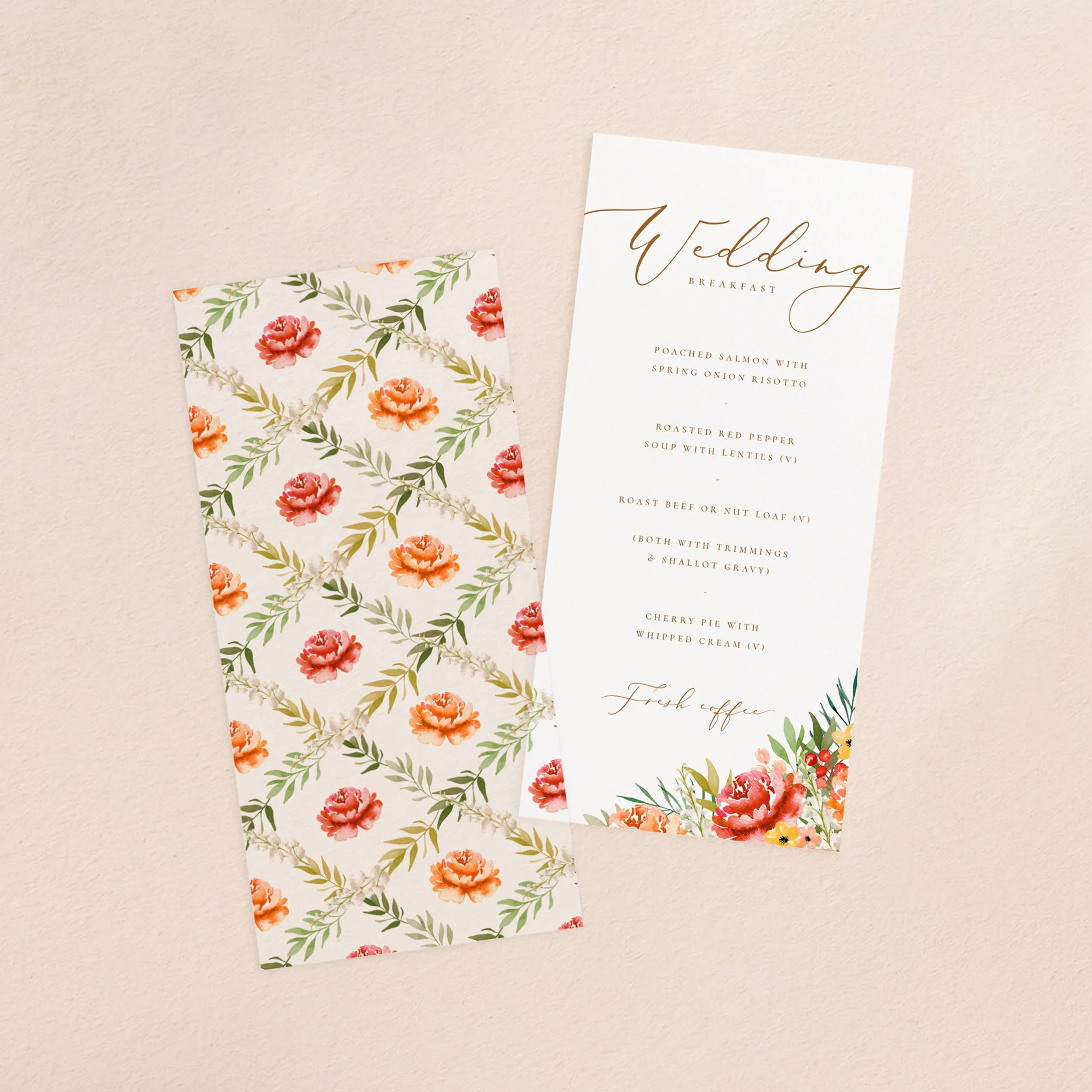 A wedding menu card and vellum paper overlay sheets with a burnt orange floral pattern design.