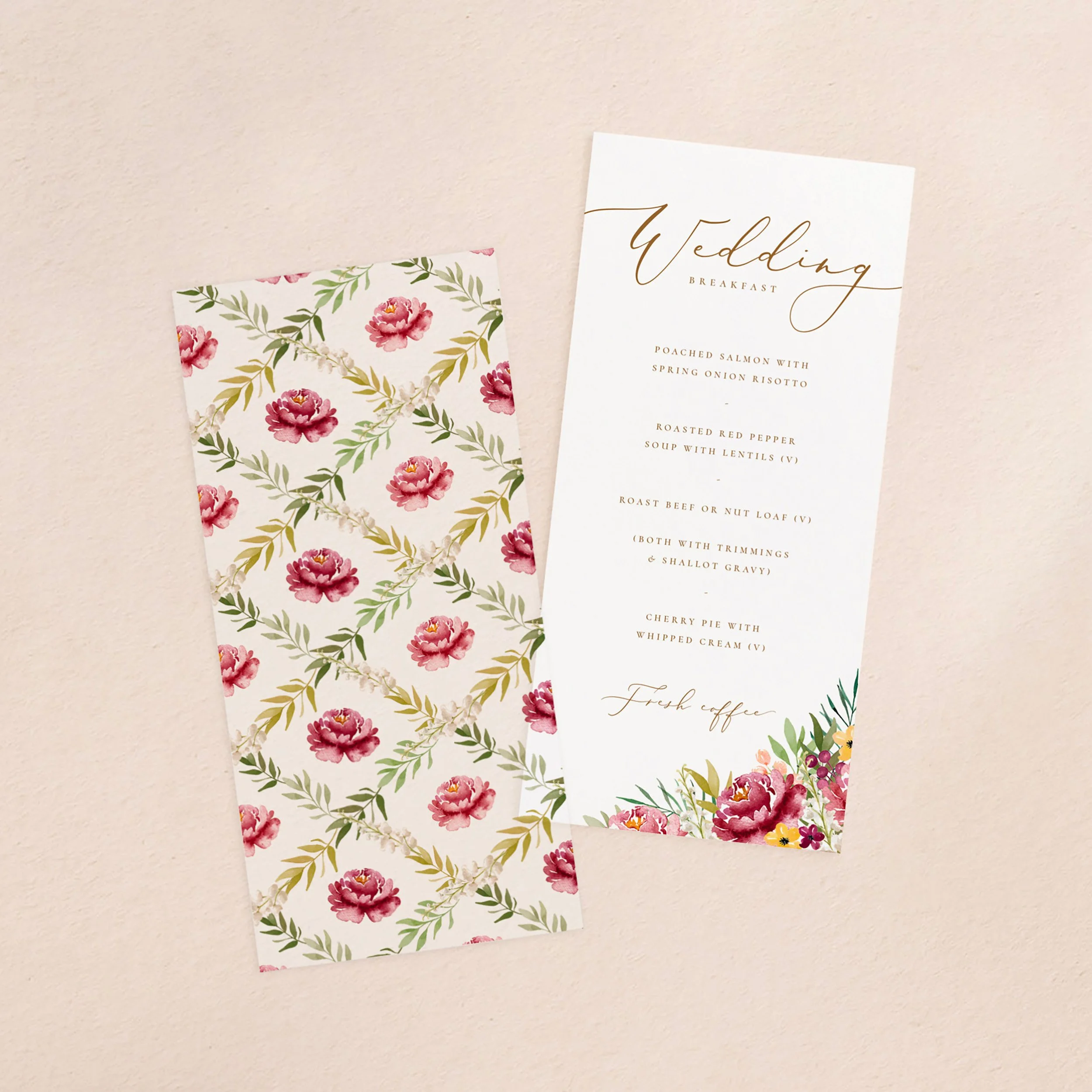 A wedding menu card and vellum paper overlay sheet with a burgundy floral pattern design.