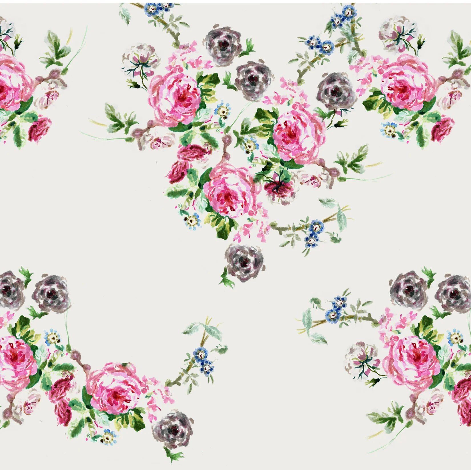 A floral pattern with pink roses, gray roses, blue flowers, and green leaves on a white background.