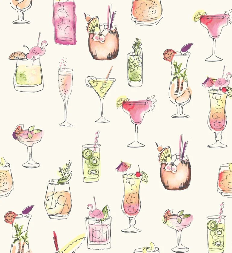 Pattern of various colorful cocktail drinks with garnishes on a light background.
