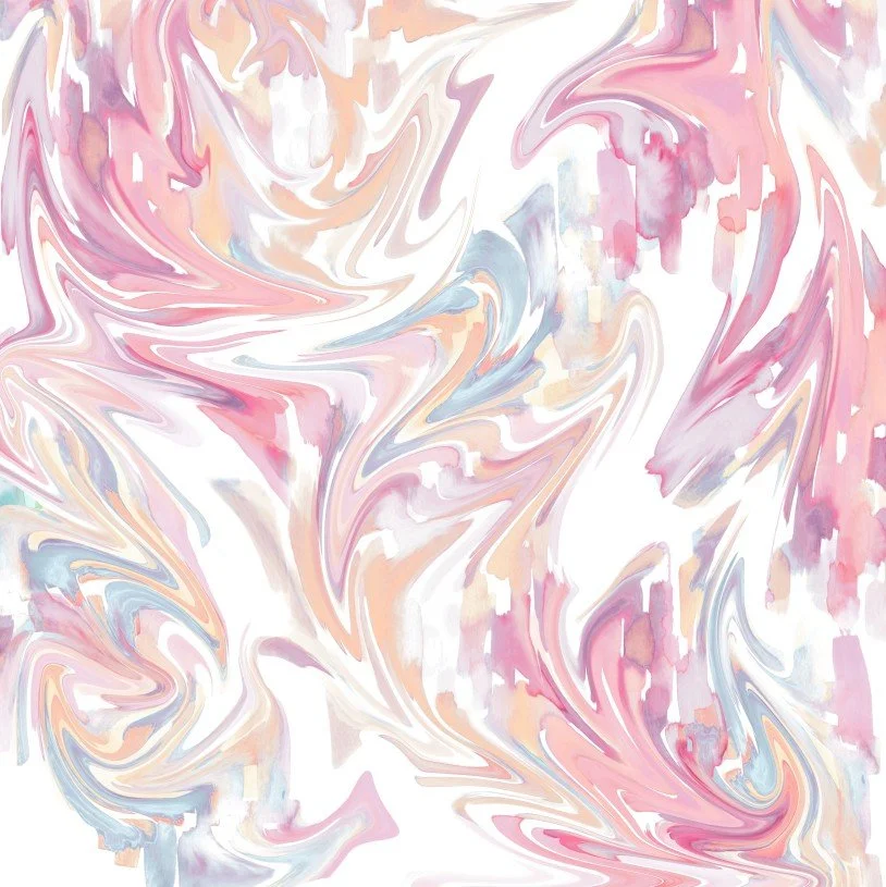 Abstract watercolor swirl in pink, peach, lavender, and blue hues.