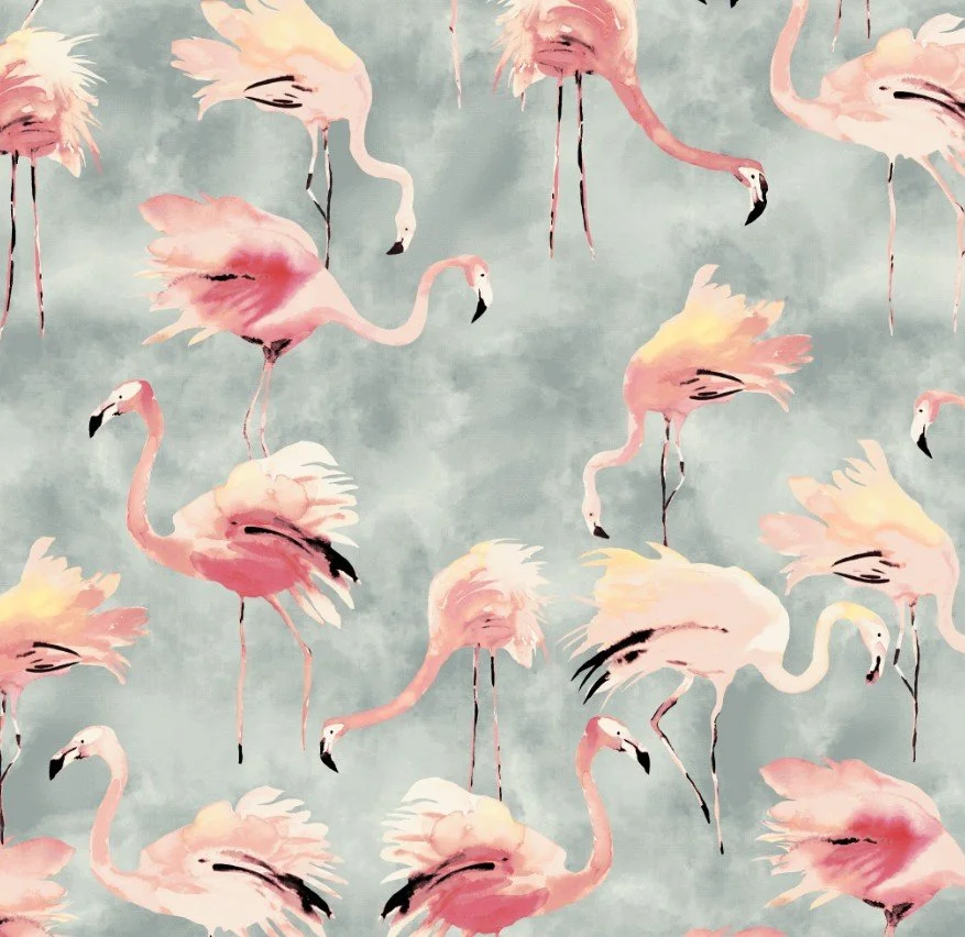 Pattern of pink flamingos on a light blue background.