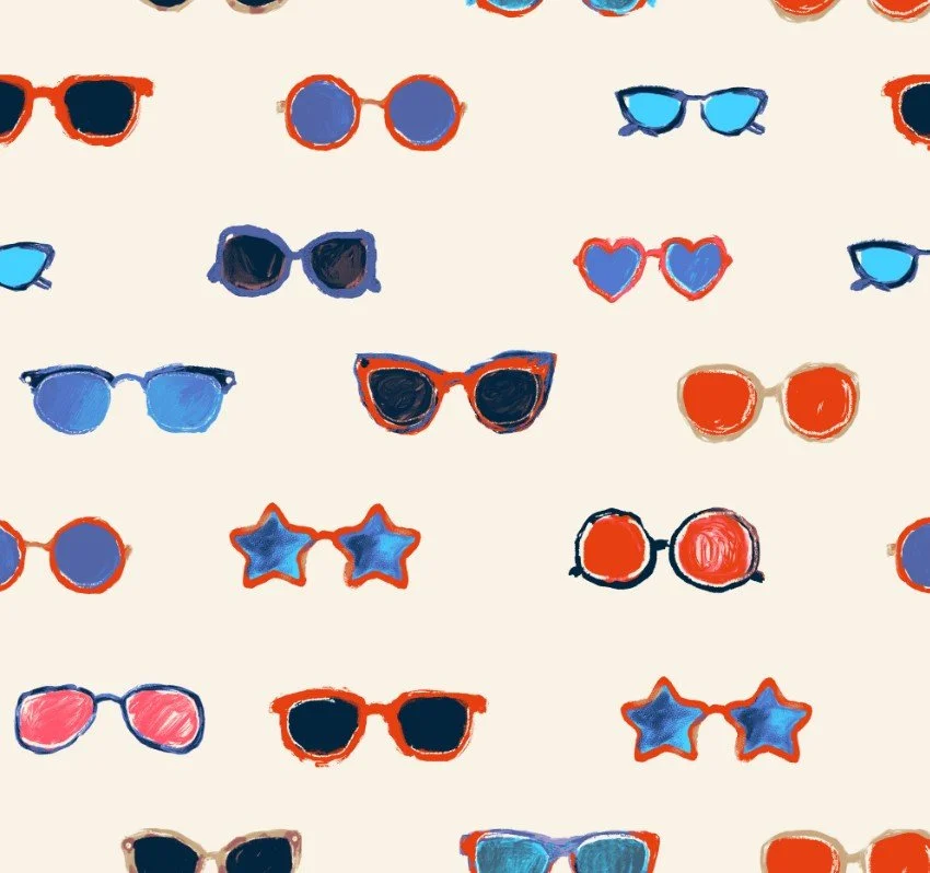 Pattern of hand-drawn sunglasses and glasses in red, blue, black, and pink on a beige background.