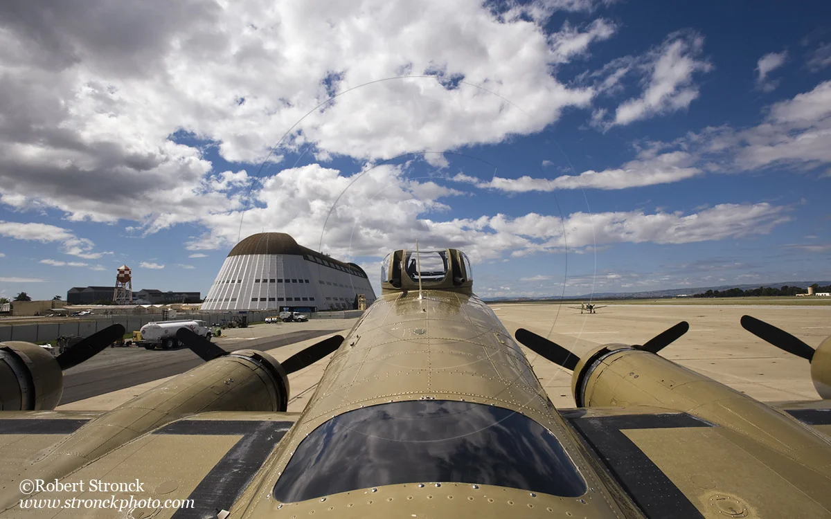  B-17G dorsal view with "hangar one" in the distance &nbsp; [b17_moffett8104_82]   
