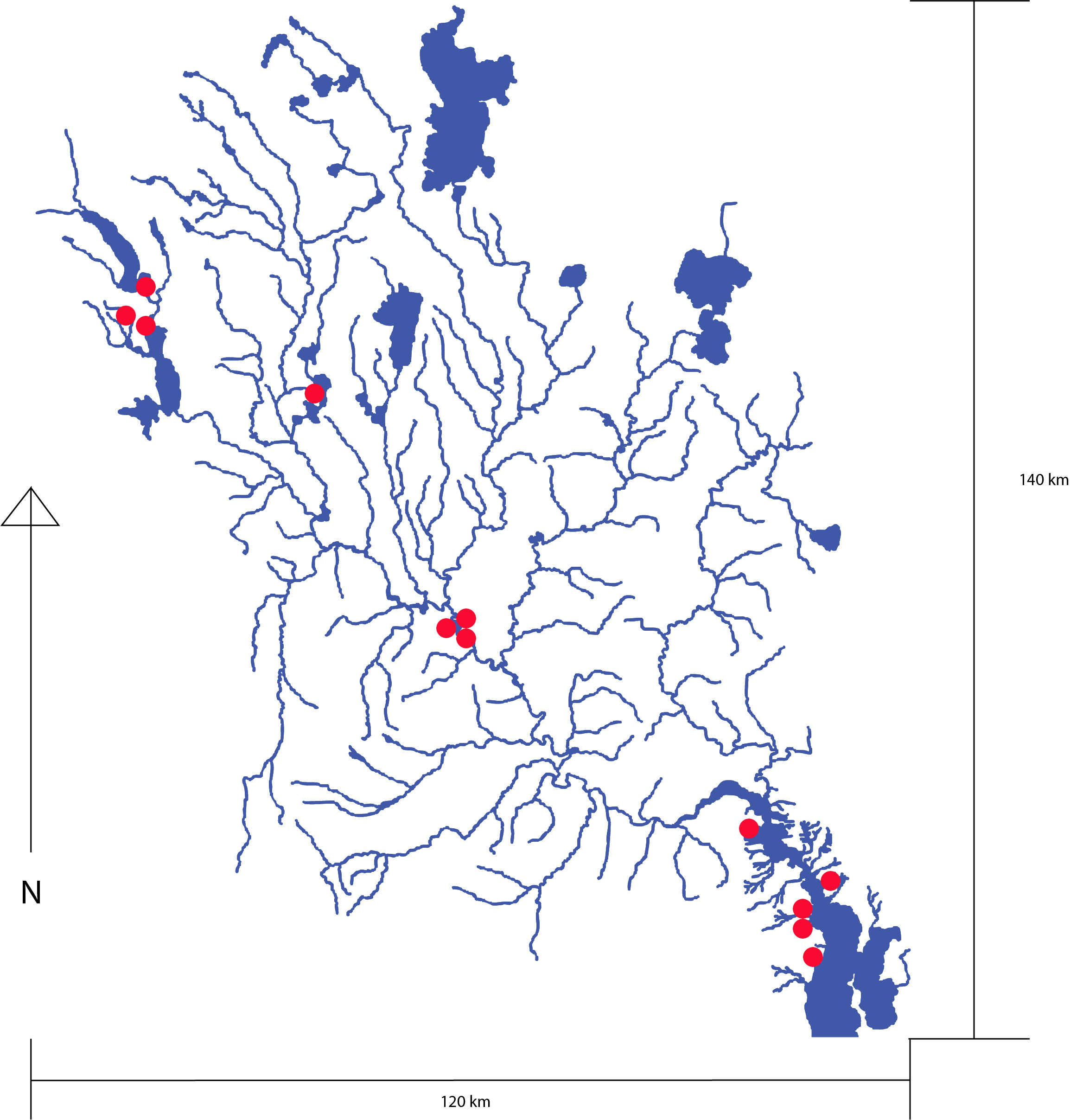 Schematic of Derwent River watershed, showing approximate locations of camera stations.