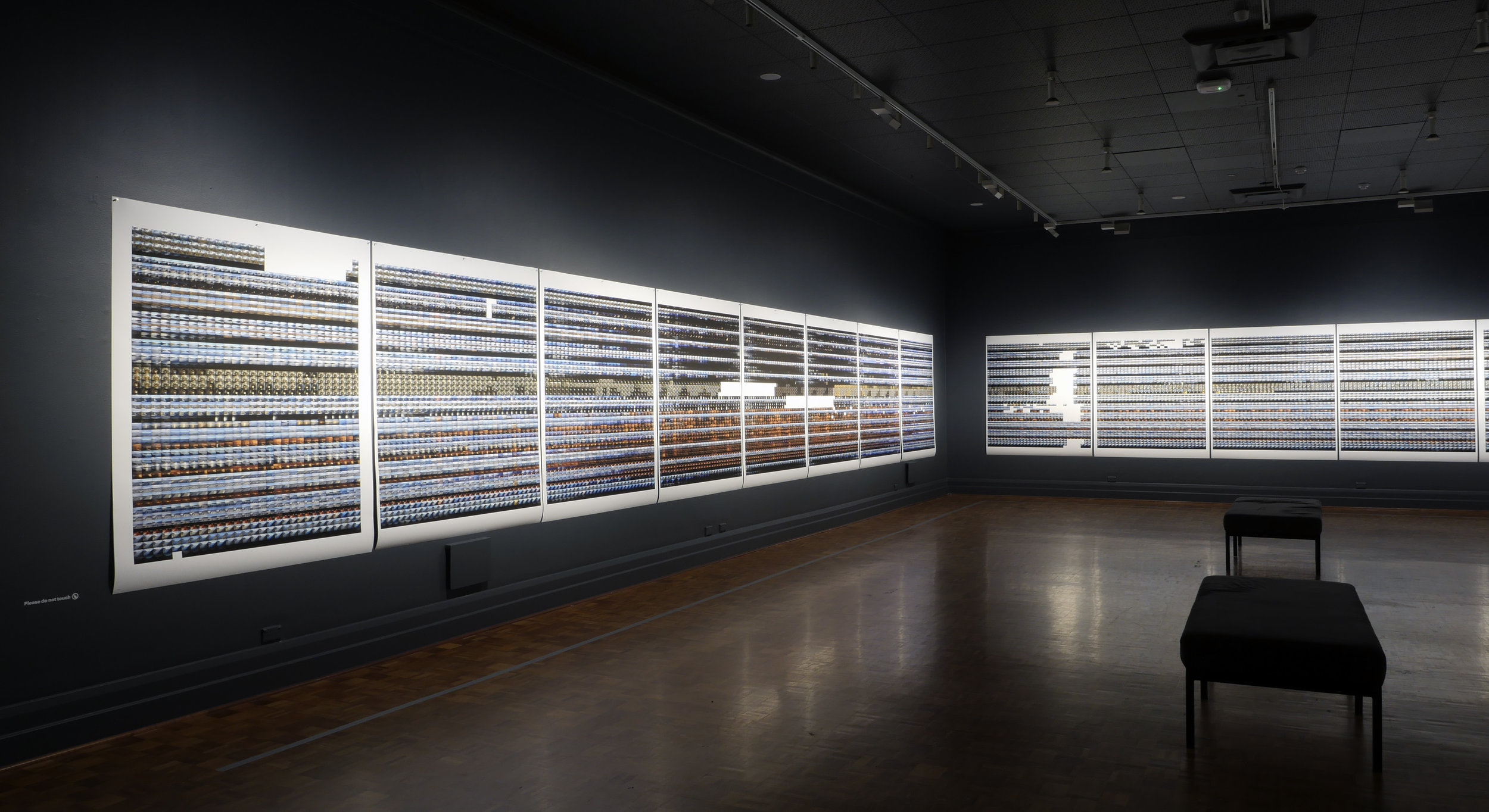 Installation view of Matrix in Argyle Gallery 2, 21 pigment ink prints containing more than 30,000 of the 2.5 million images captured by Derwent Time-lapse Array