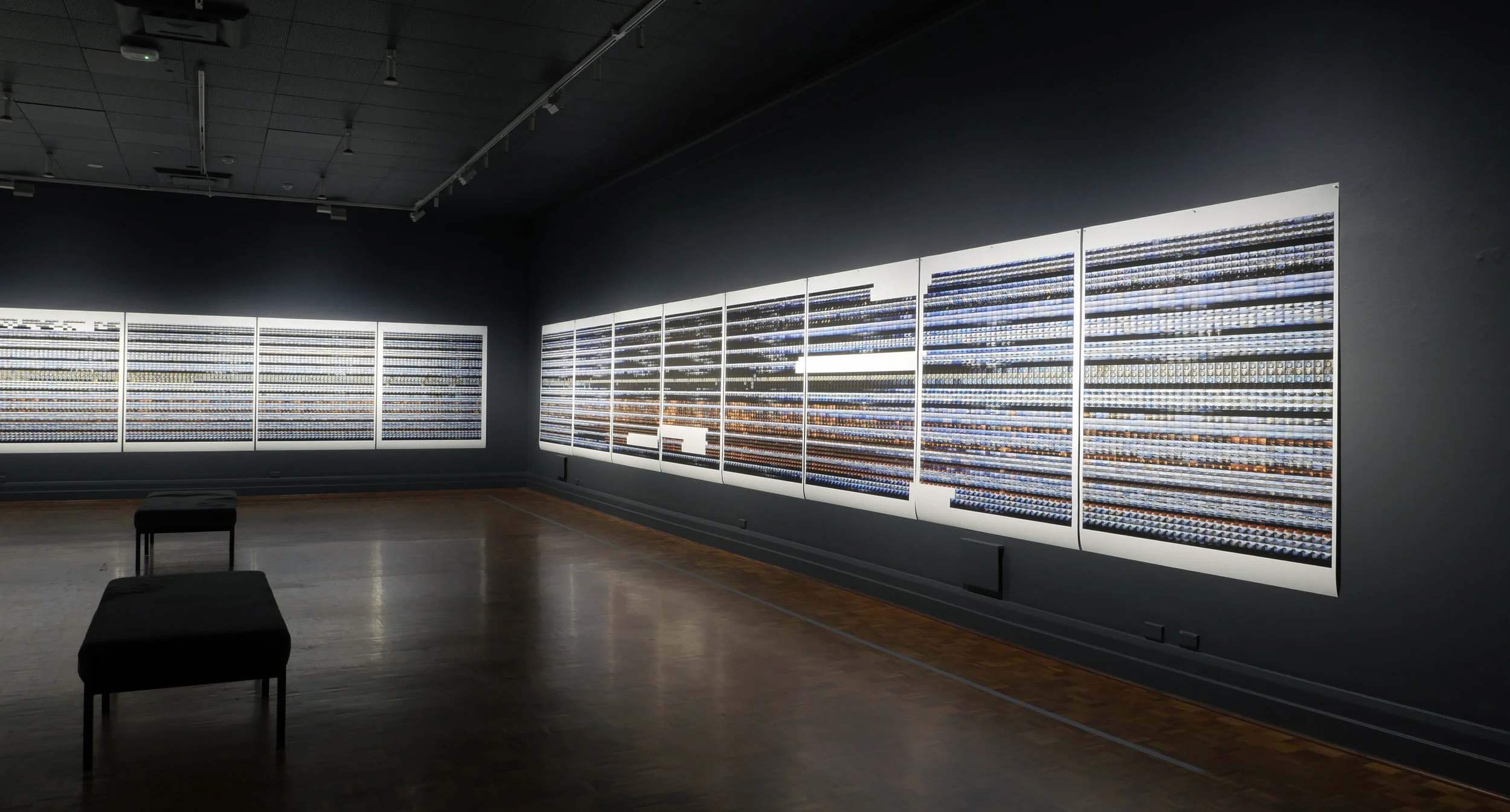 Installation view of Matrix in Argyle Gallery 2, 21 pigment ink prints containing more than 30,000 of the 2.5 million images captured by Derwent Time-lapse Array